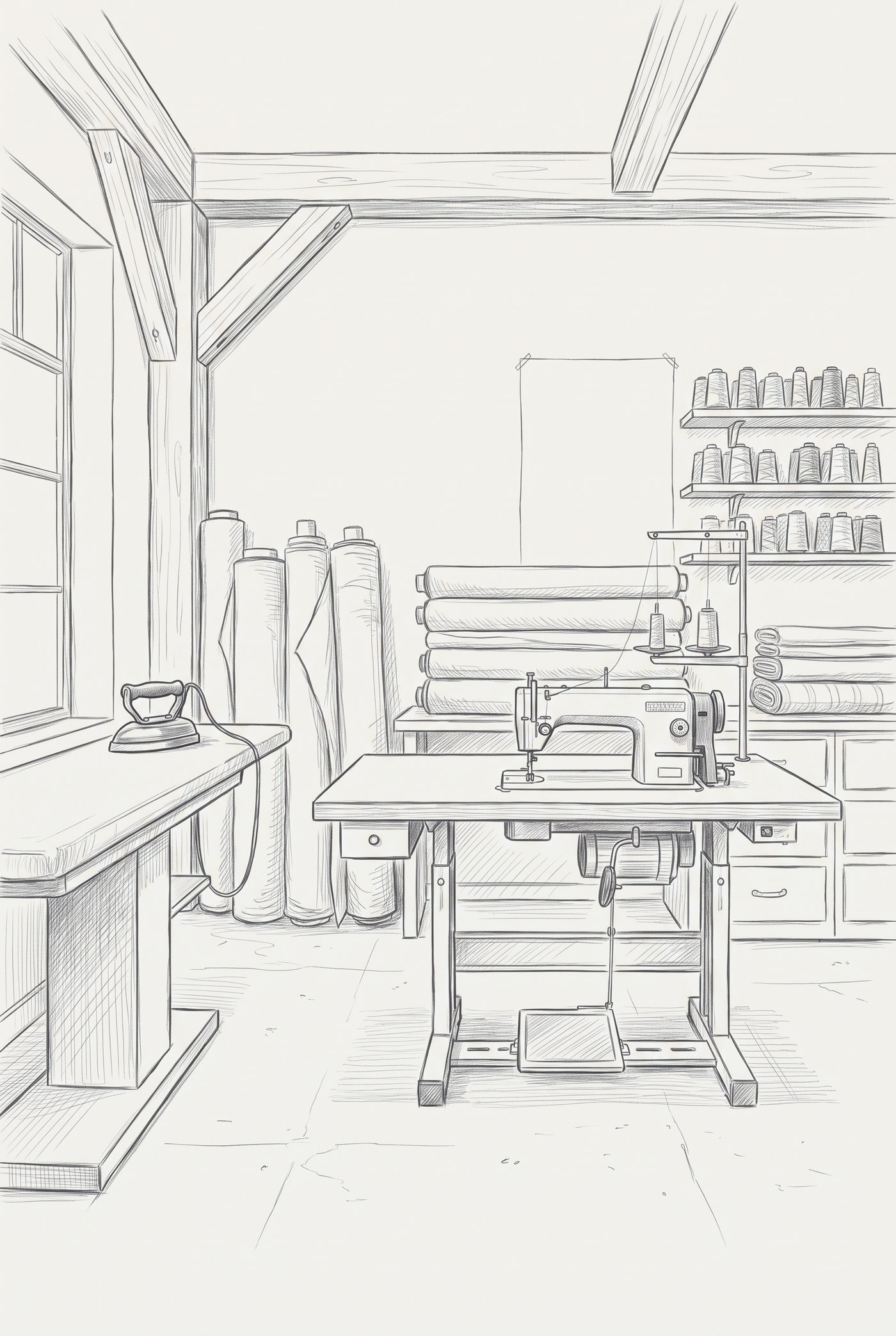 Line drawing of the workroom: an industrial sewing machine on its table, a pressing bench with an iron, bolts of cloth standing against the wall and shelves of thread cones behind