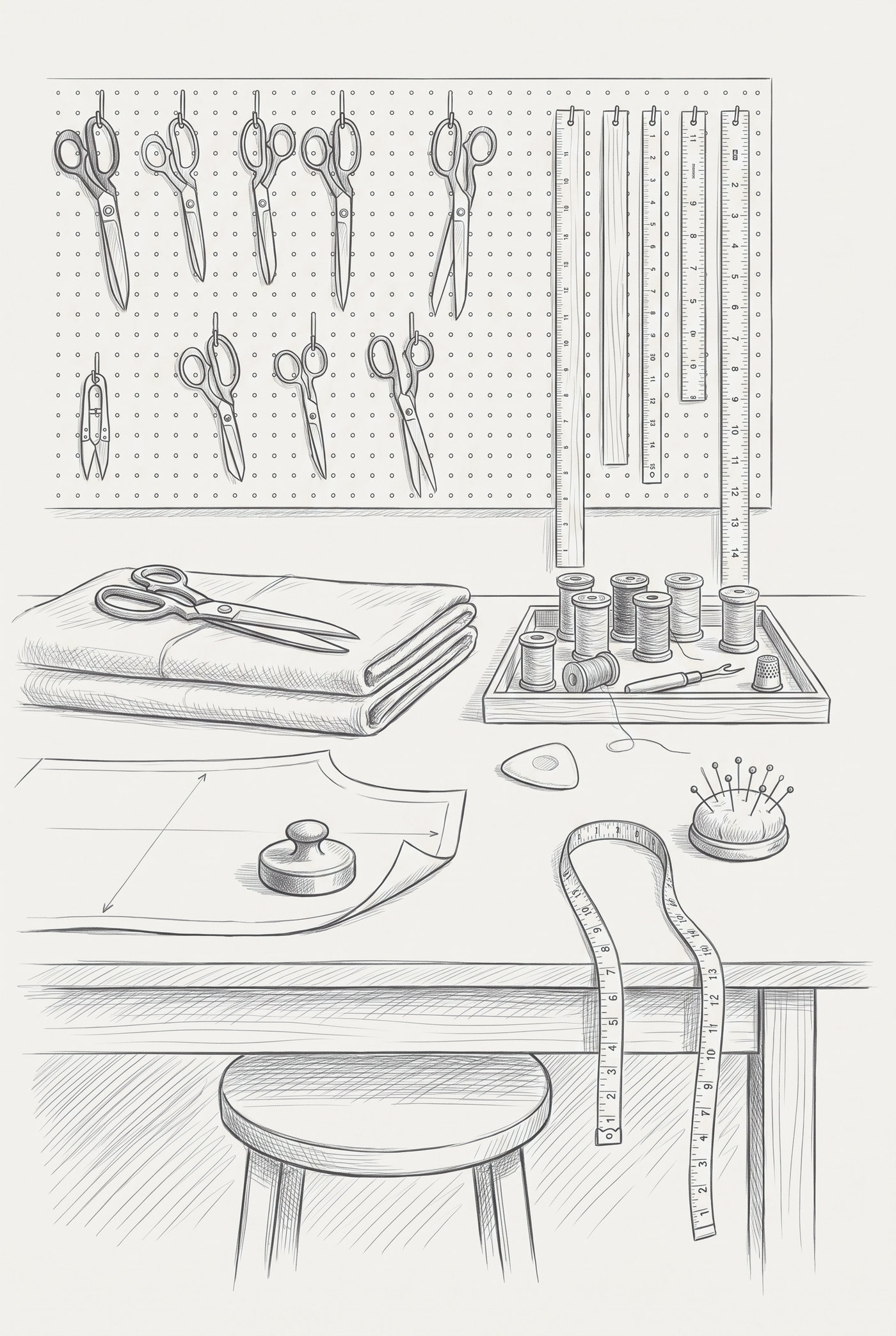 Line drawing of a tailor's bench: shears and rulers hung on a pegboard, folded cloth, a tray of thread spools, a tape measure over the edge and a pincushion
