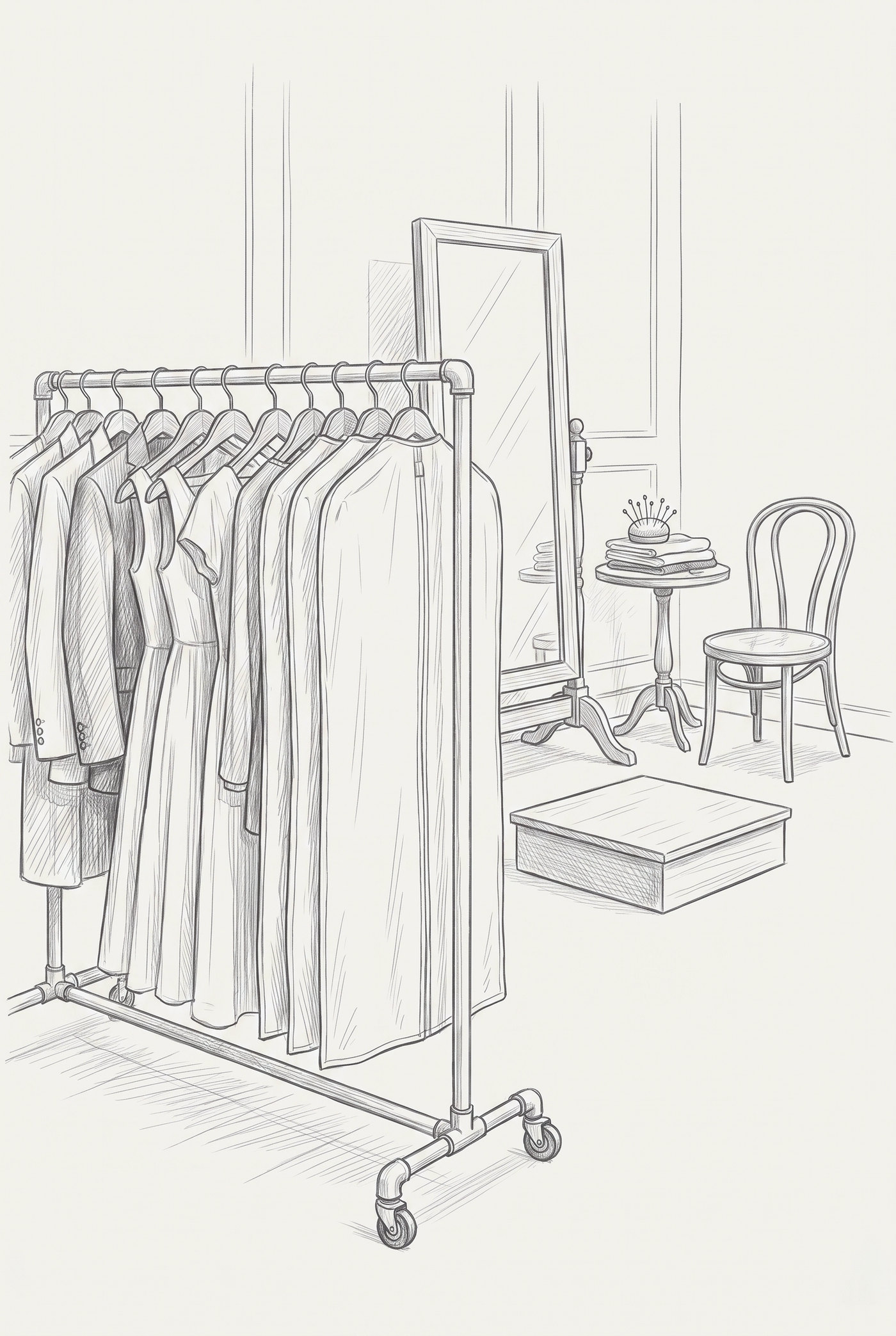 Line drawing of the fitting area: a rolling rack of garments in covers, a full length standing mirror, a fitting platform and a bentwood chair