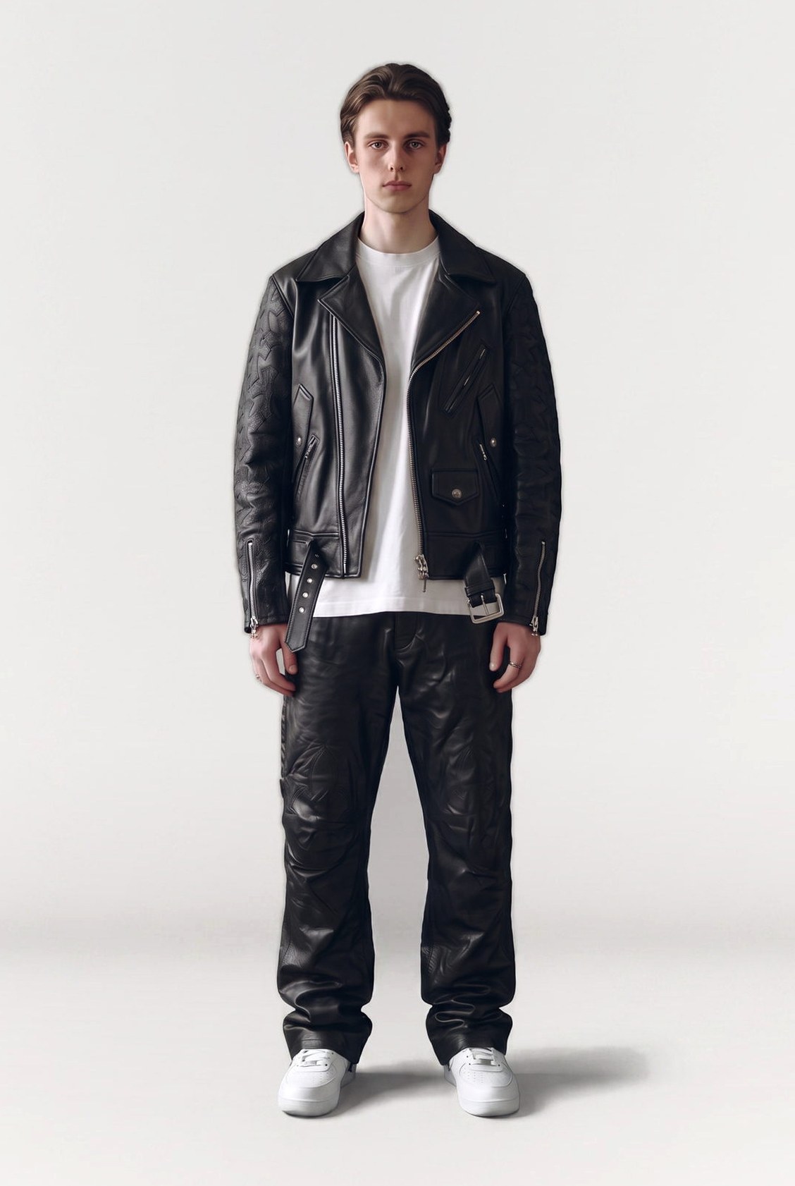 Man in a black leather biker jacket and leather trousers, full figure studio shot