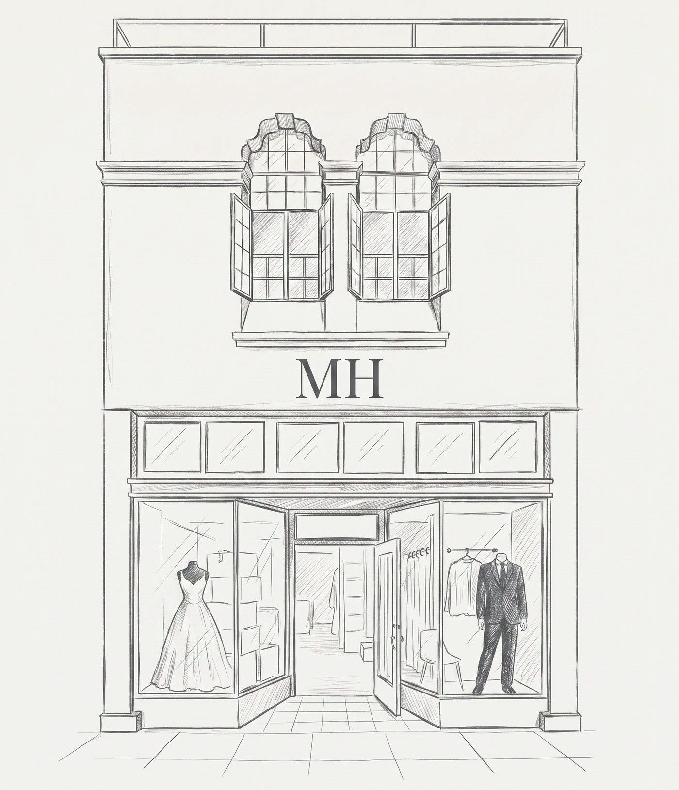 Pencil drawing of the MH Tailoring shopfront on Laurel Avenue