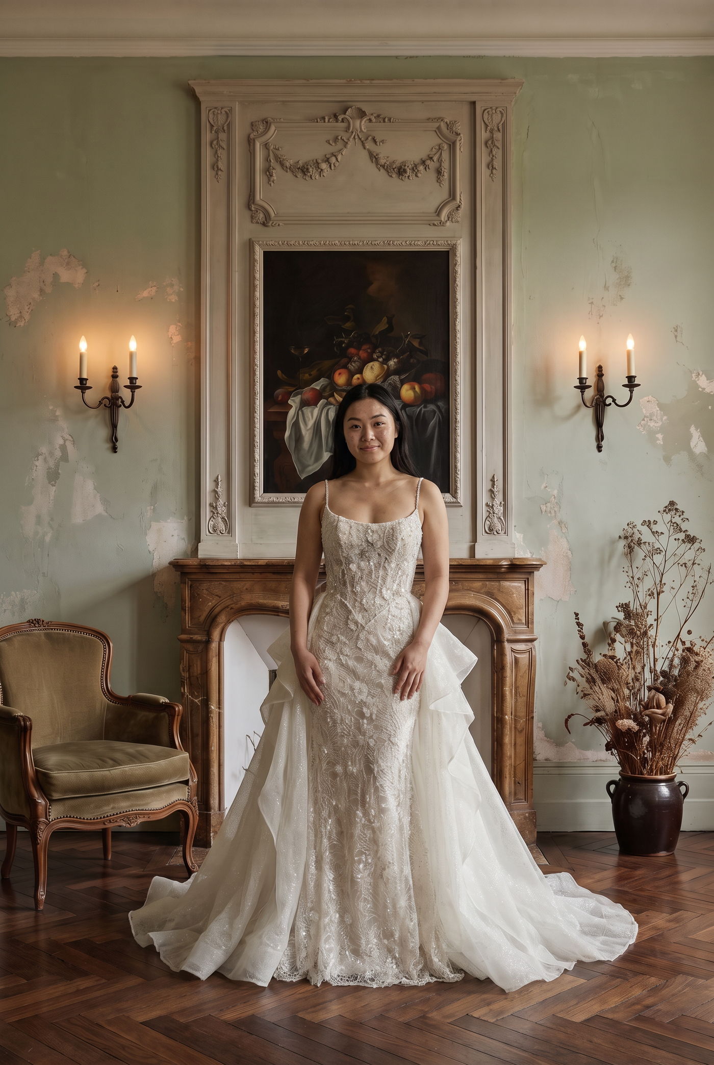 Bride in a strapless beaded lace gown with a sheer overskirt, in a pale green panelled room