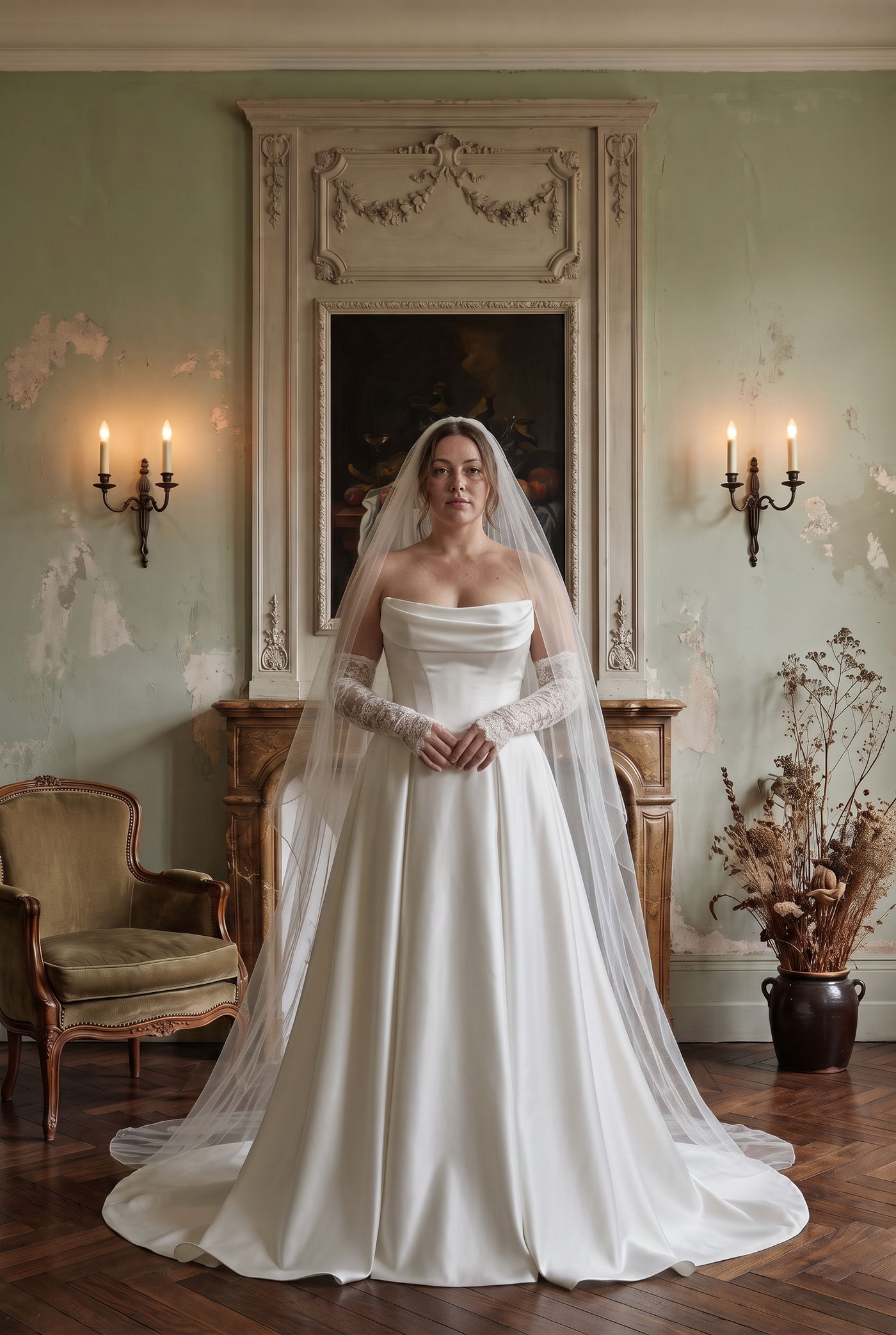 Bride in a satin cowl-neck gown with a full-length veil