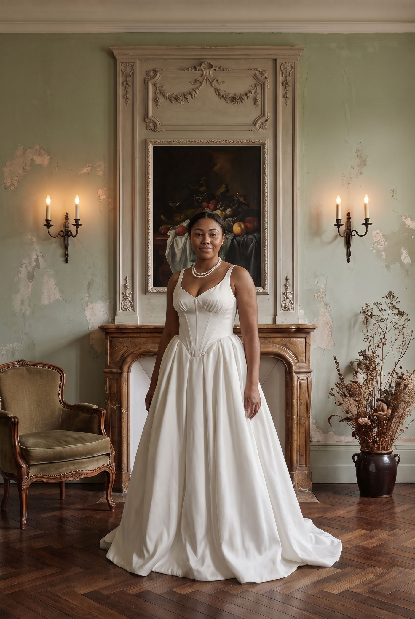 Bride in a plain satin A-line gown with narrow straps