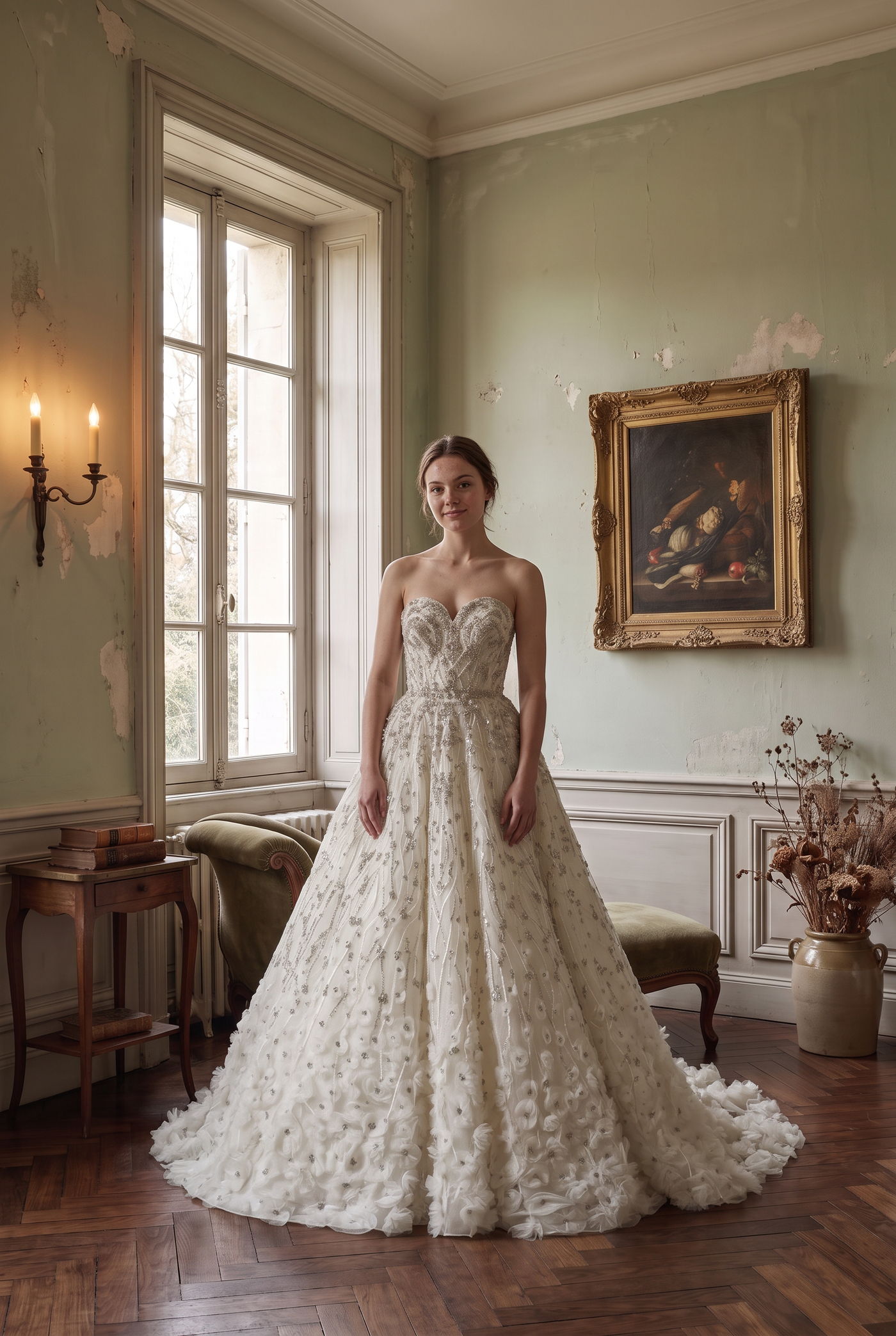 Bride in a floral appliqué ballgown with a full skirt