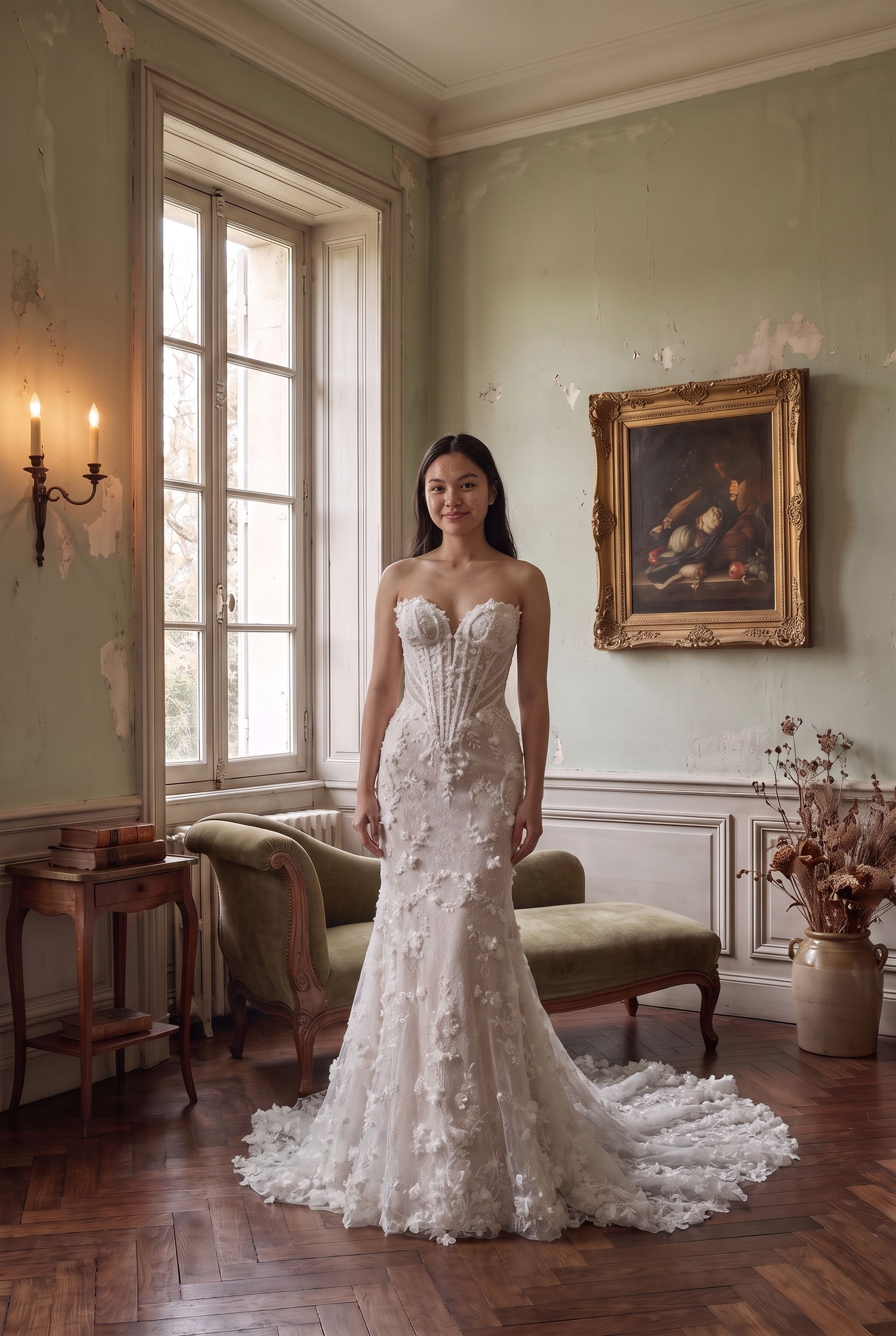 Bride in a strapless corset-bodice fit-and-flare lace gown