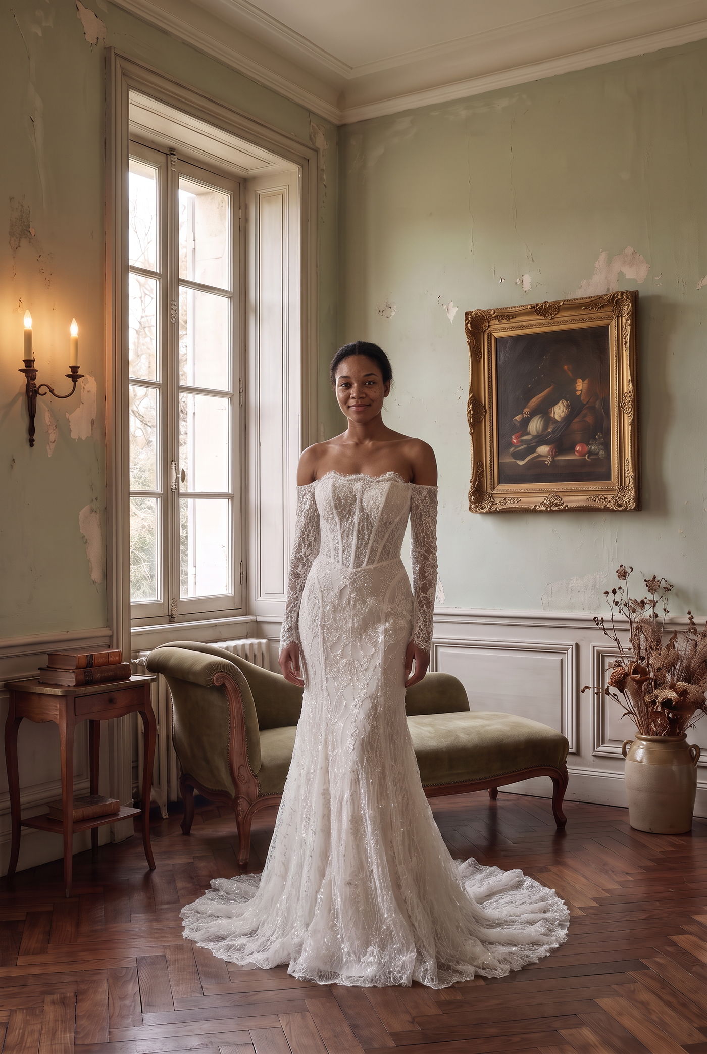 Bride in a long-sleeved lace mermaid gown with a train