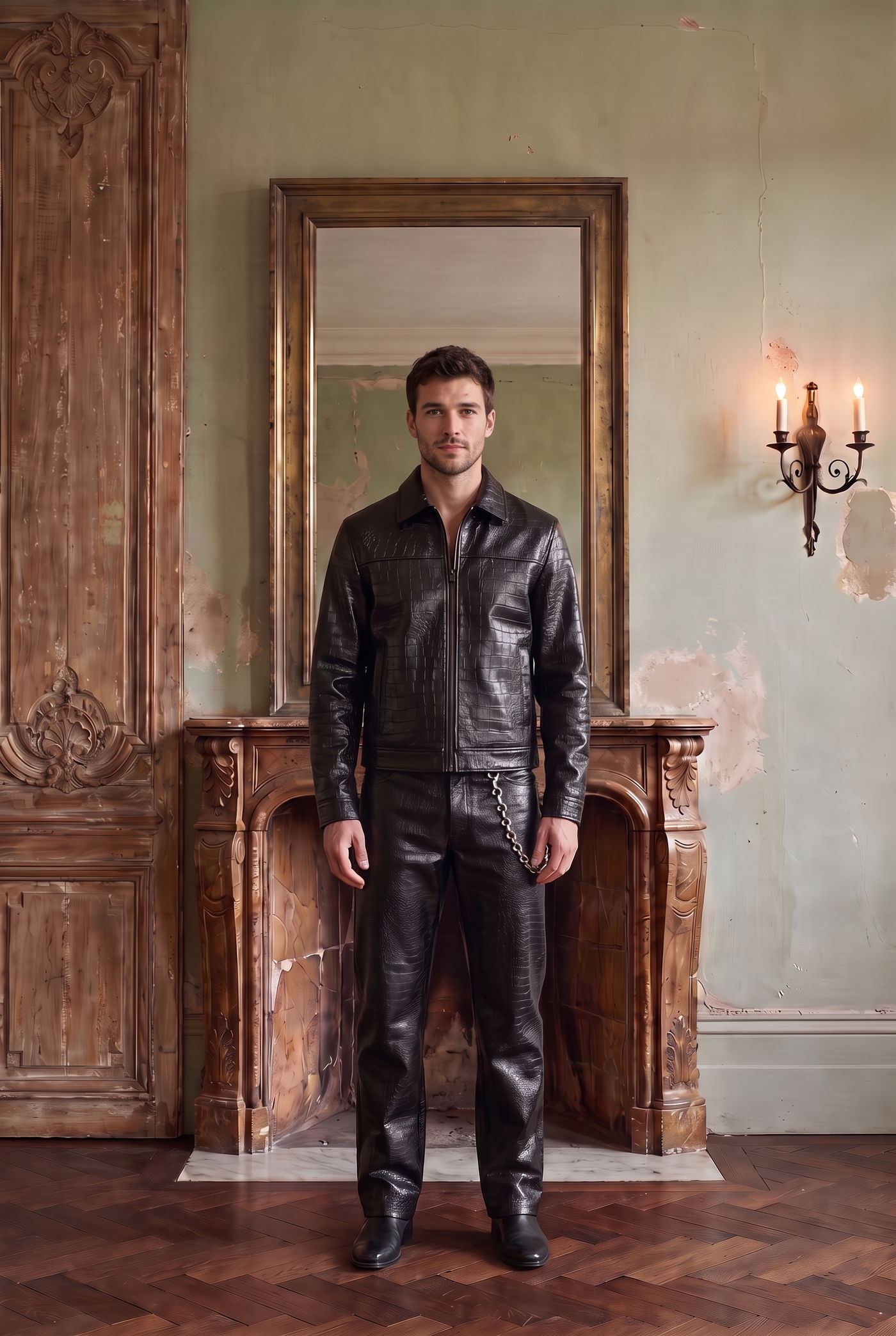 Man in a black leather zip jacket and matching leather trousers