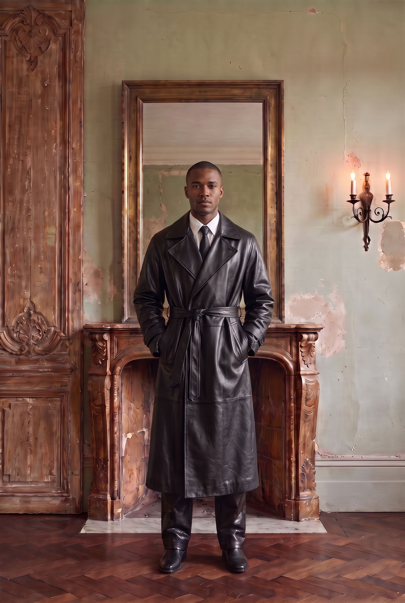 Man in a belted black leather trench coat over a suit