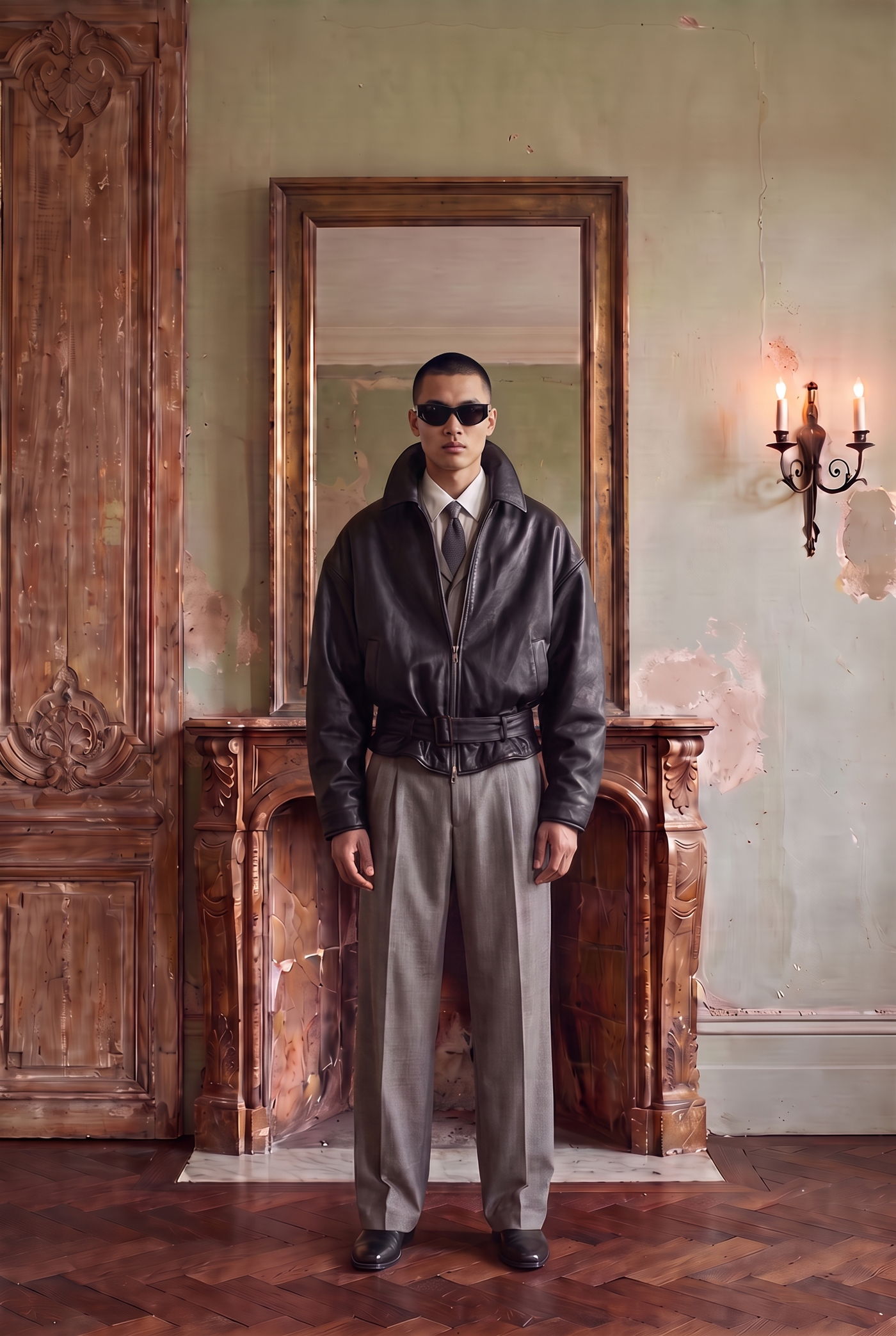 Man in a black leather bomber with knit collar and grey trousers