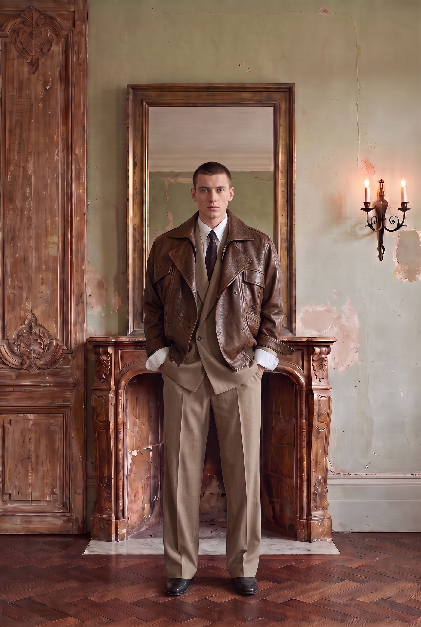 Man in a brown leather blouson over a shirt and tan trousers