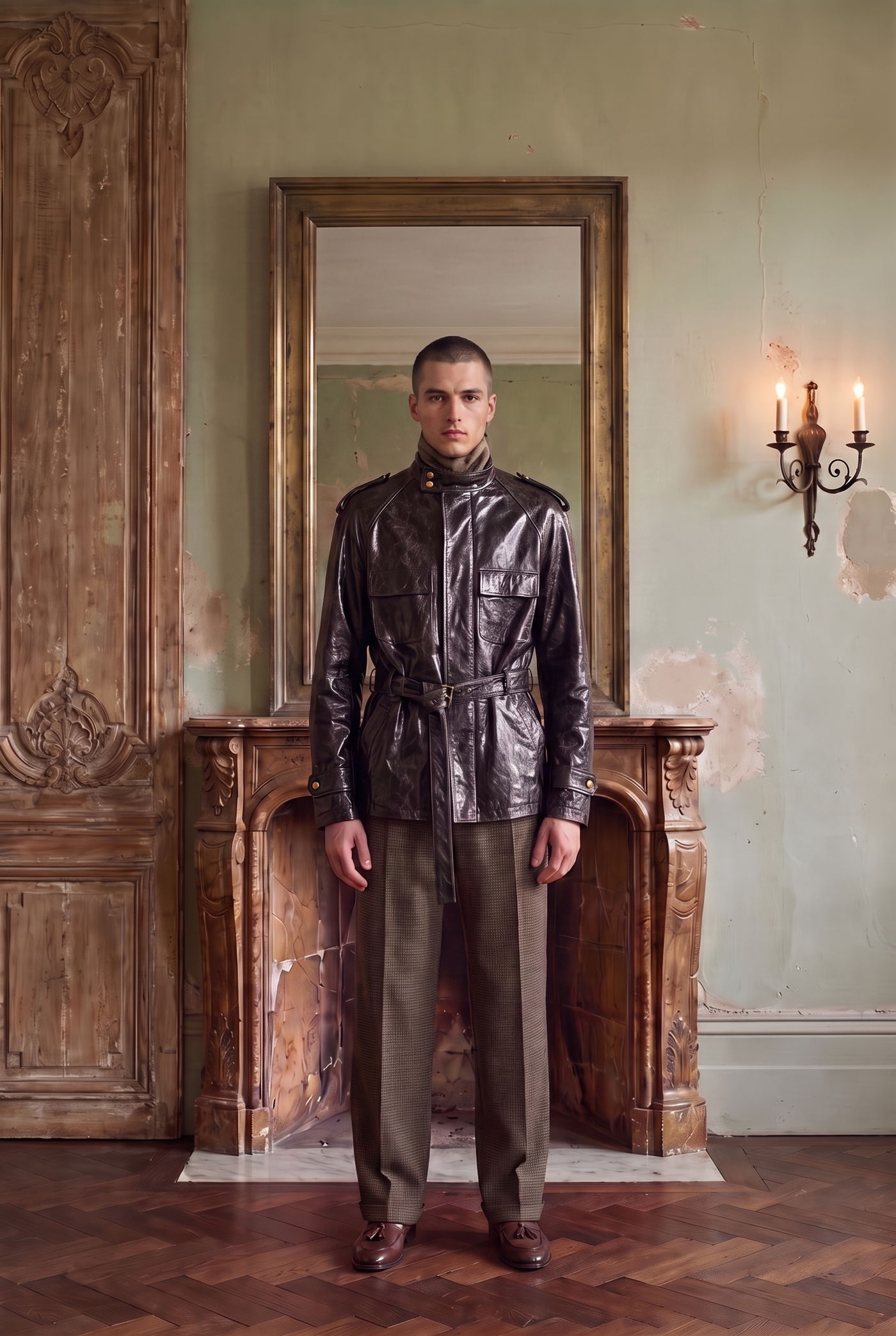 Man in a belted black leather field jacket and dark trousers