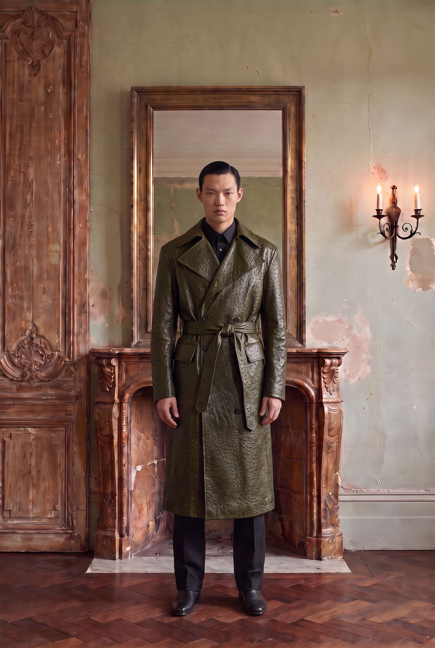 Man in an olive croc-embossed leather trench coat