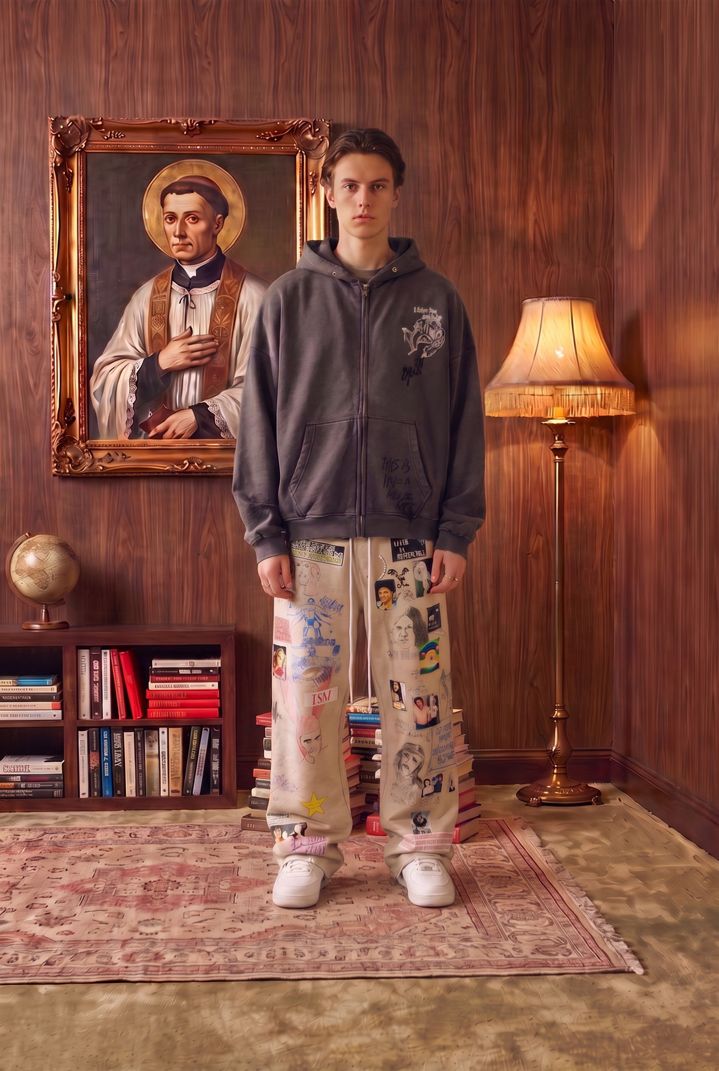 Man in a grey zip-up hoodie and printed cream trousers