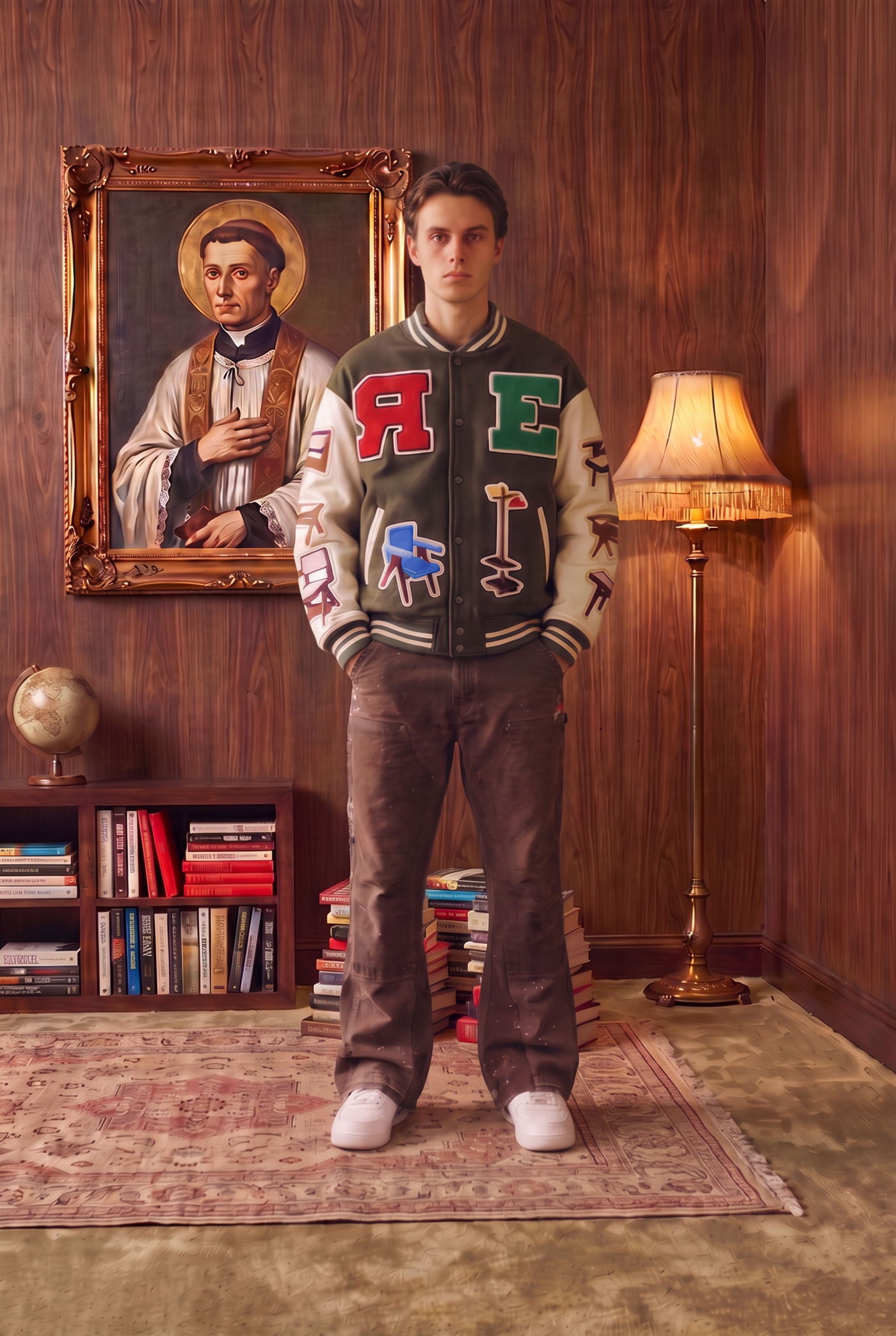Man in a lettered varsity jacket and brown corduroy trousers