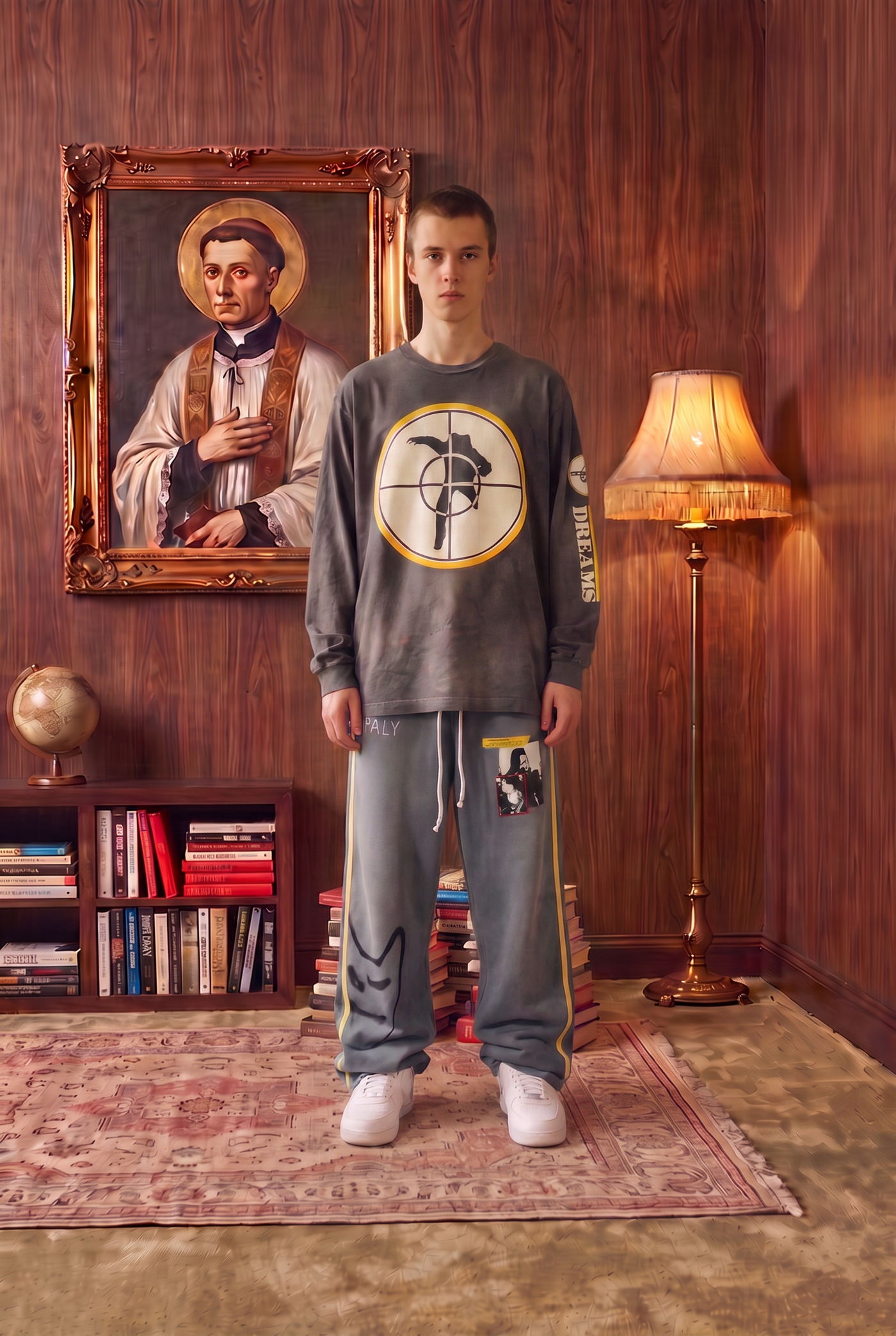 Man in a long-sleeved graphic top and grey baggy jeans