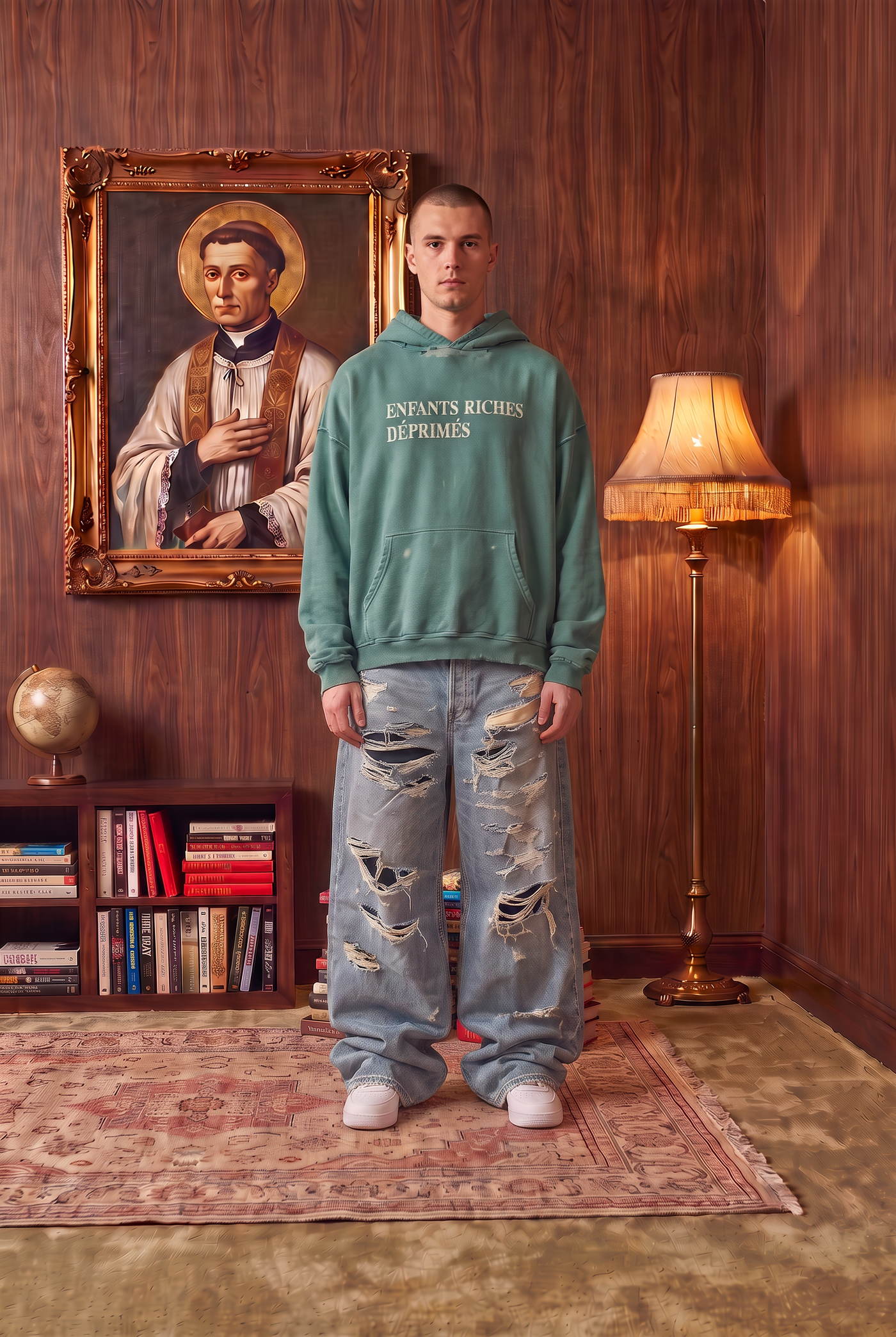 Man in a teal hooded sweatshirt and distressed light-wash jeans
