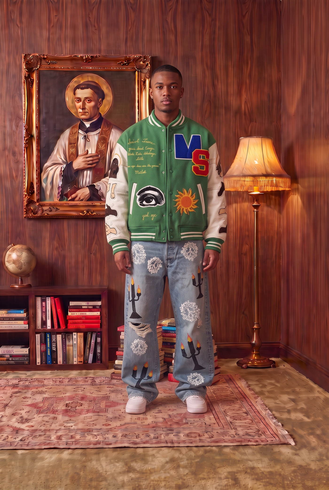Man in a green patched varsity jacket and patched jeans