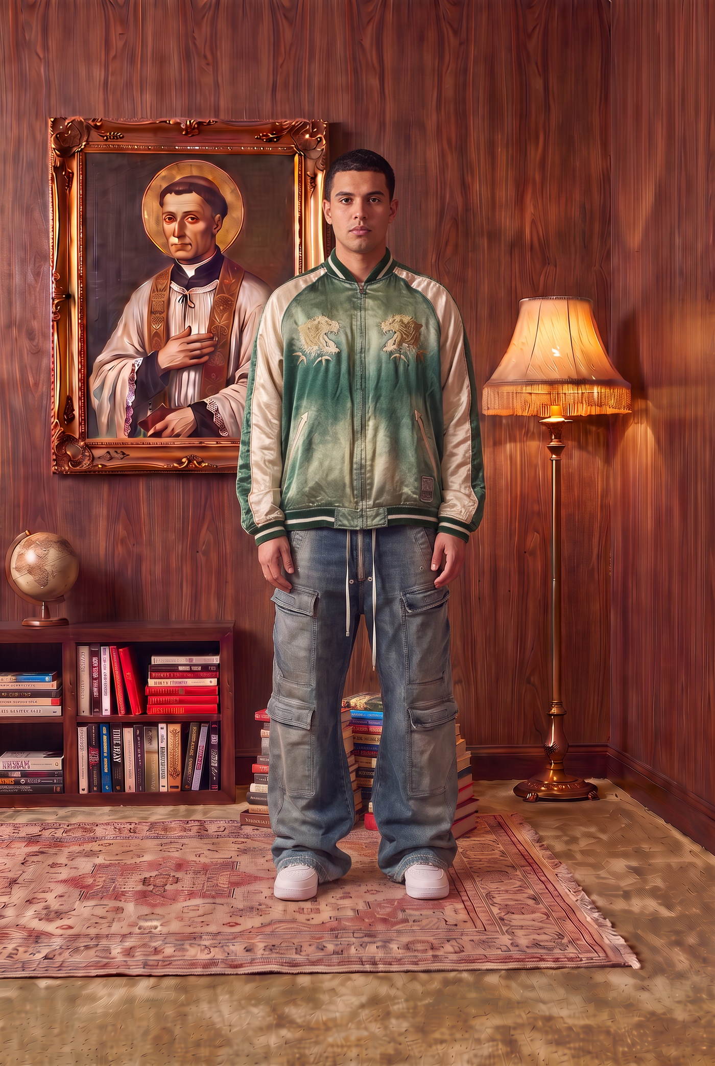 Man in a sage satin souvenir jacket and light-wash jeans