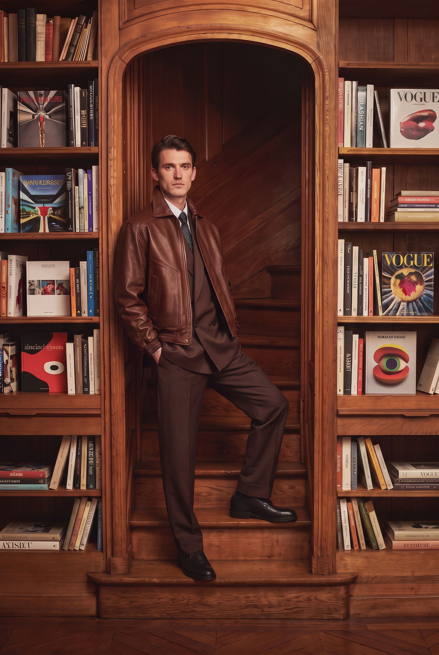 Man in a tobacco-brown suit leaning in an arched bookcase alcove