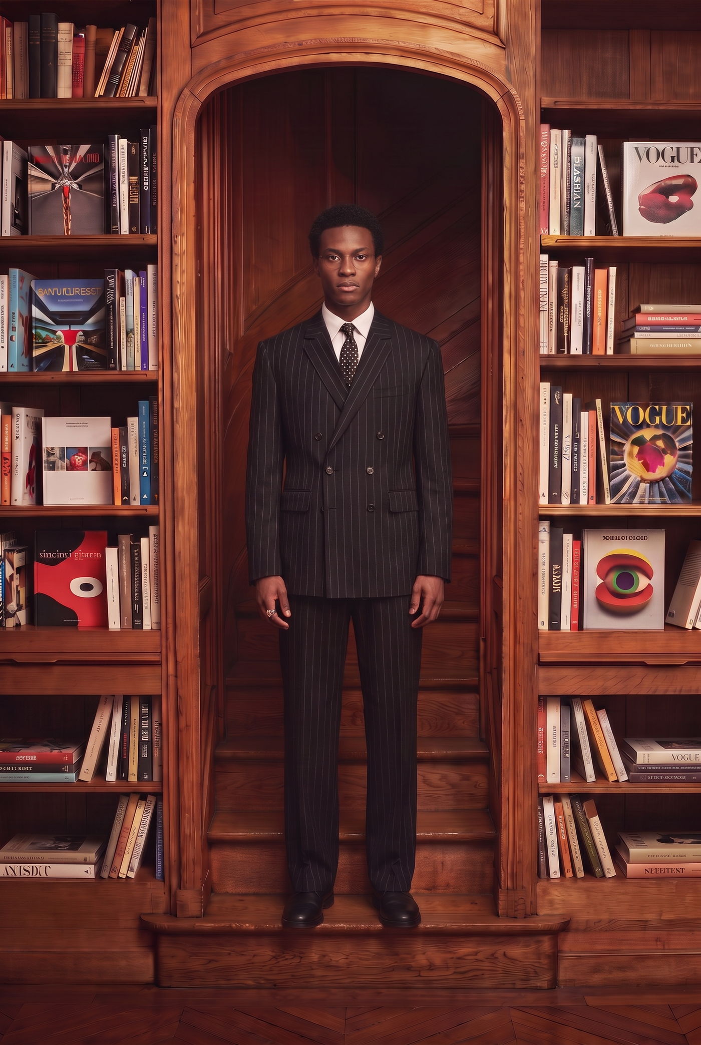 Man in a black pinstripe suit and tie, full figure