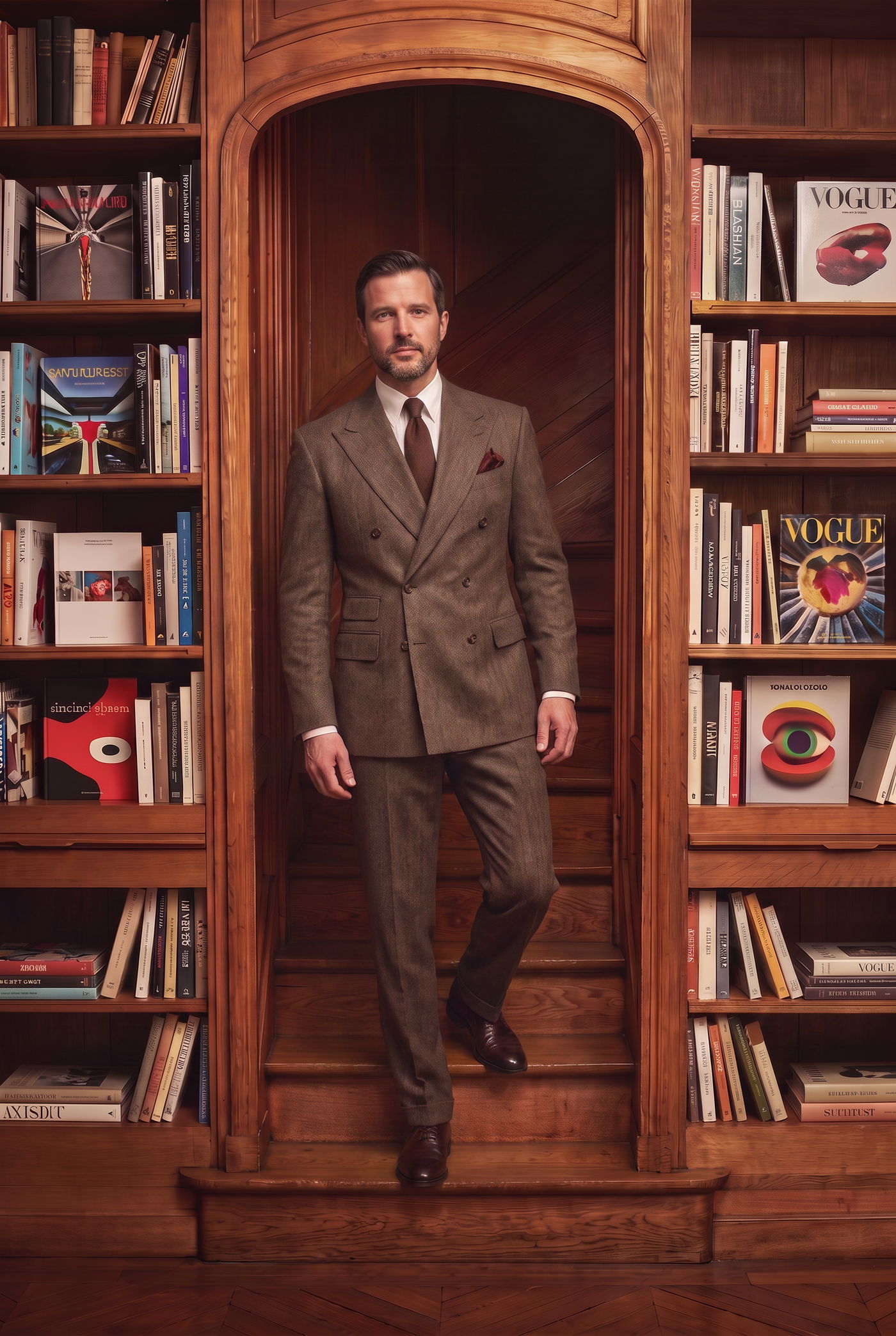 Man in a brown double-breasted suit, full figure