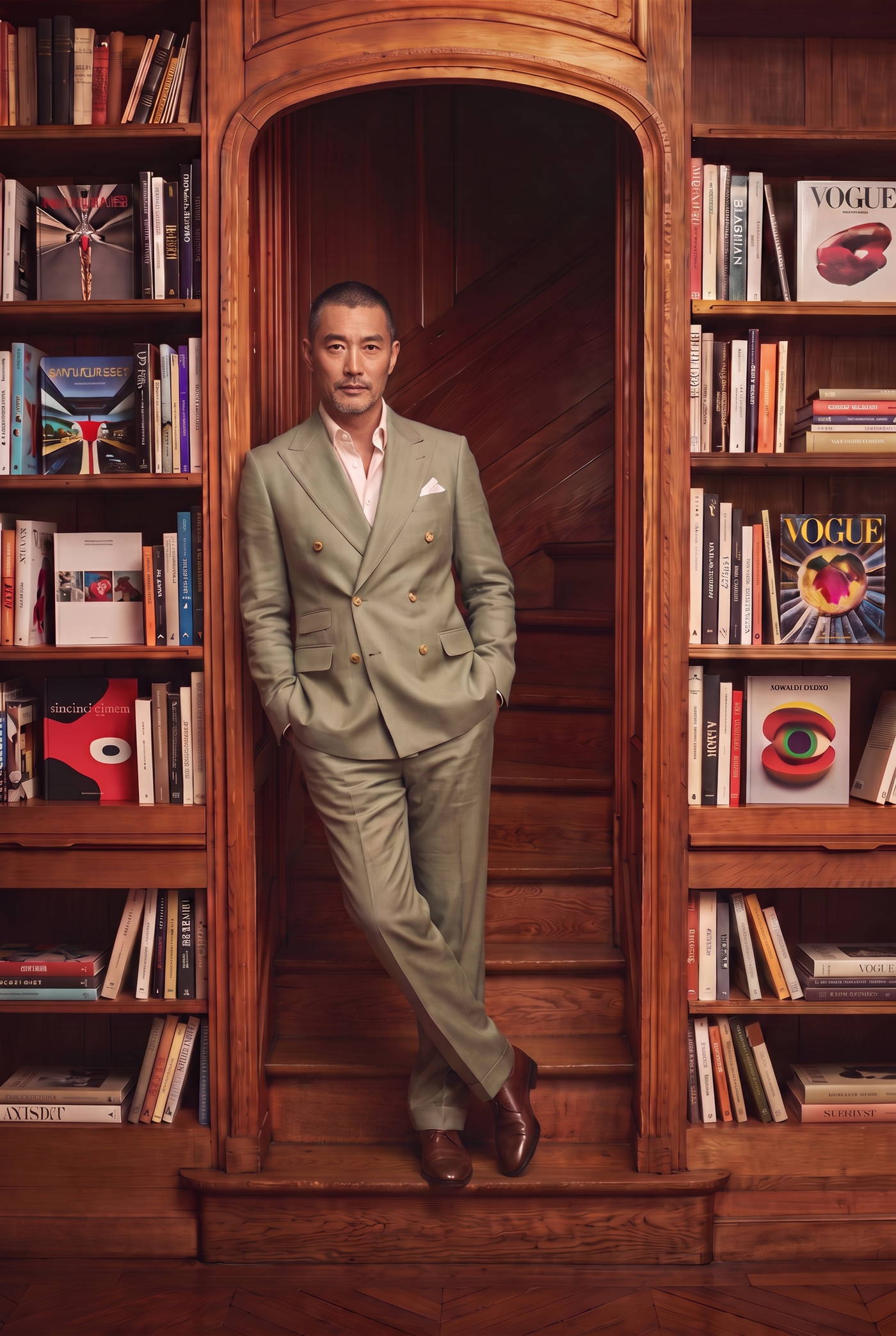Man in a sage green suit with a pocket square, full figure