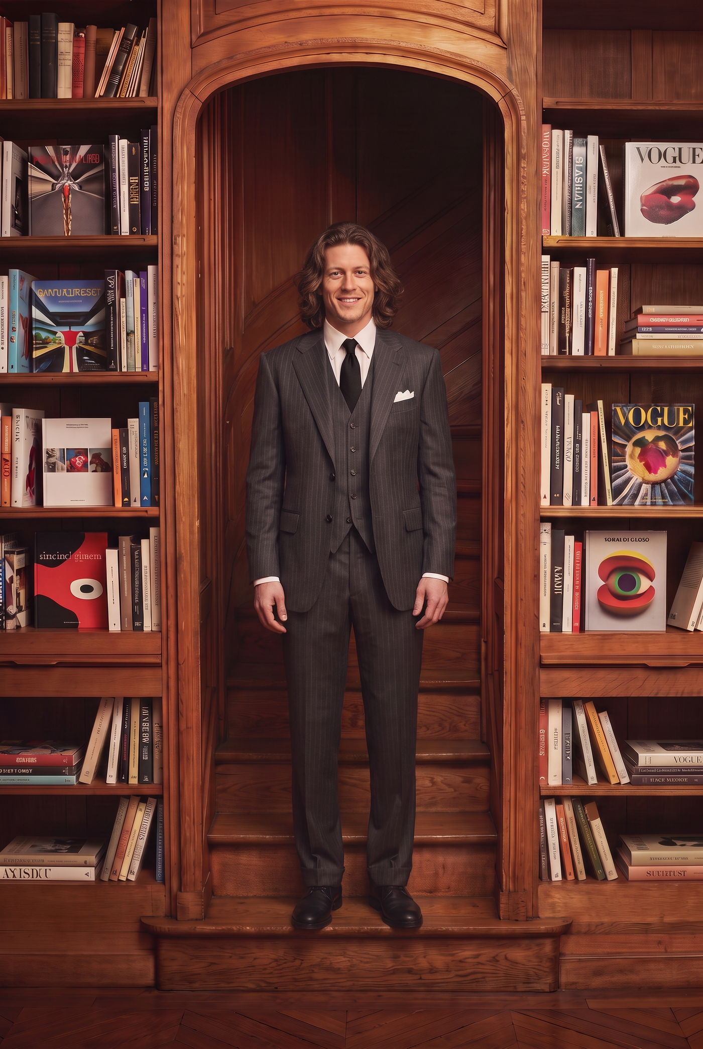 Man in a dark grey suit and tie, full figure