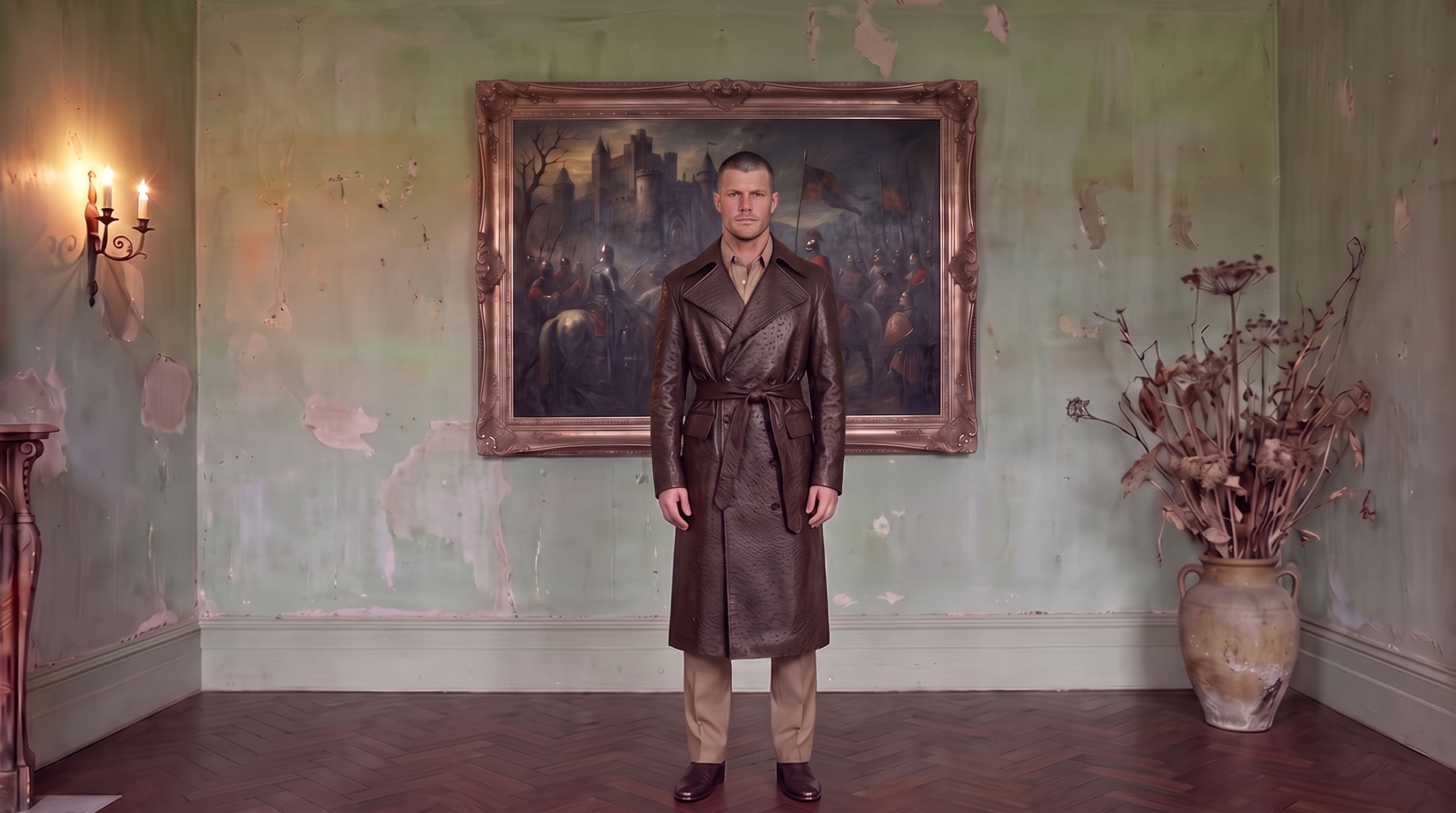 Man in a leather jacket in a panelled fitting room