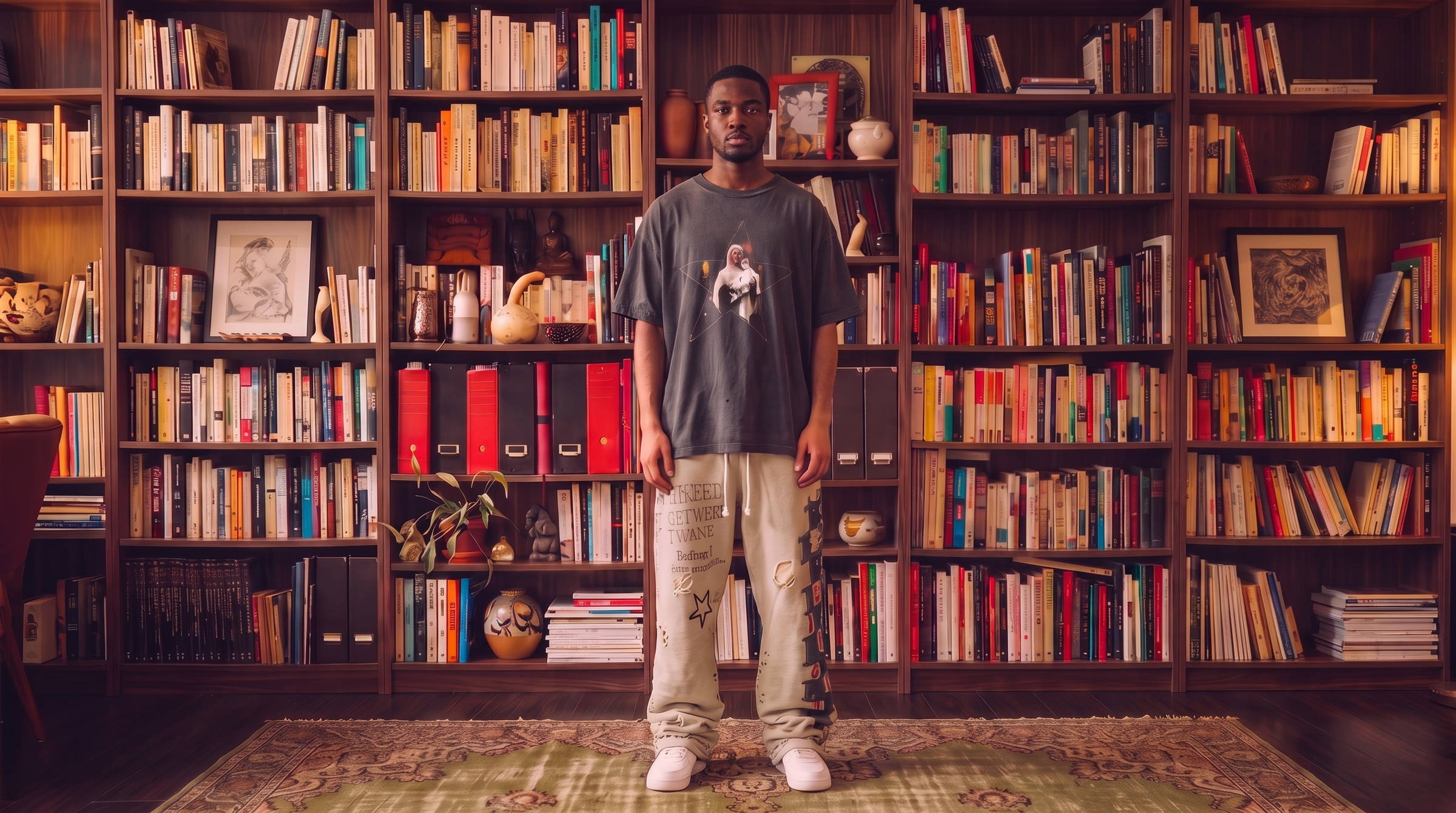 Man in an oversized graphic tee and baggy printed trousers in a book-lined room