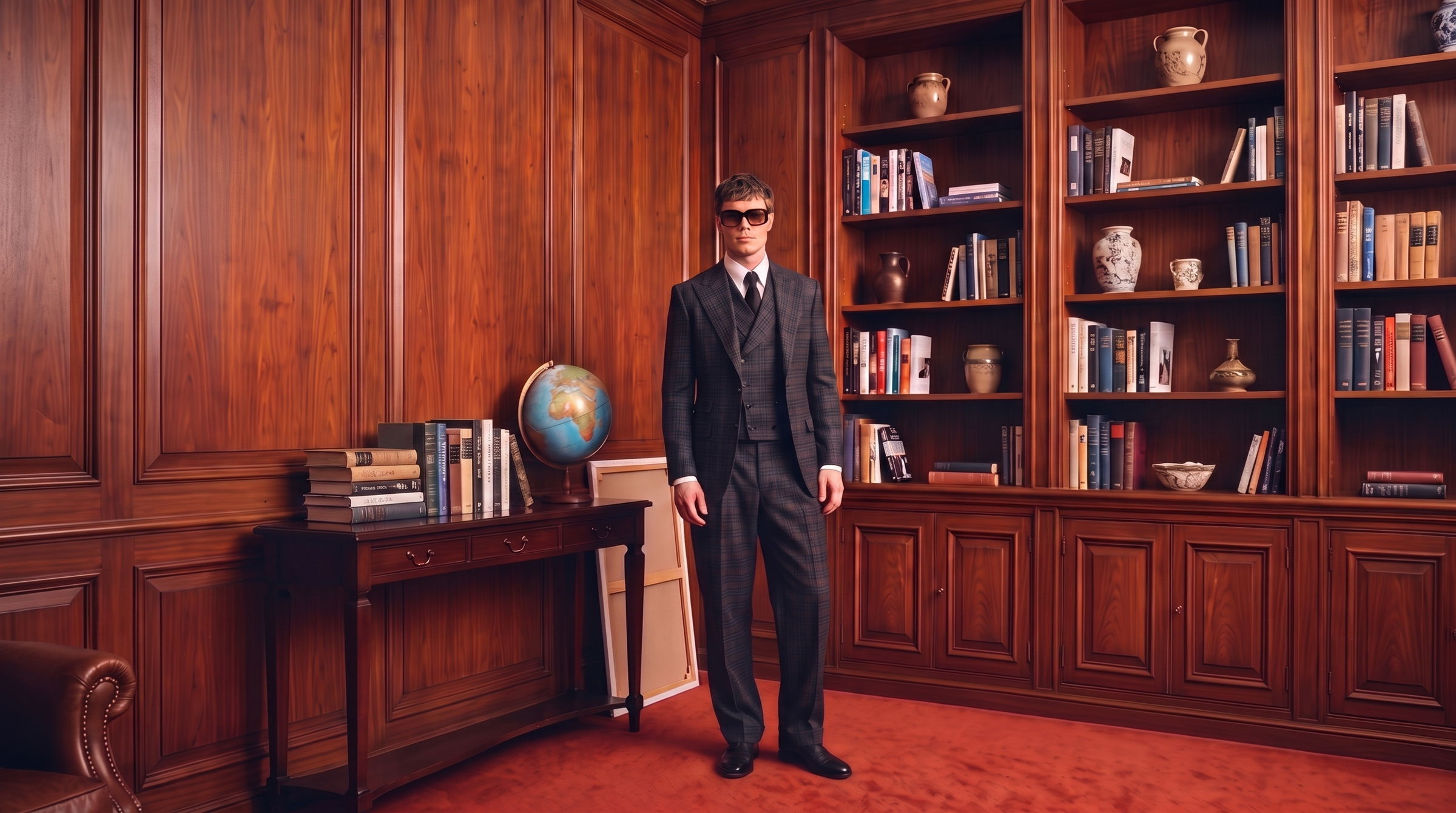 Man in a dark three-piece suit standing in a wood-panelled library