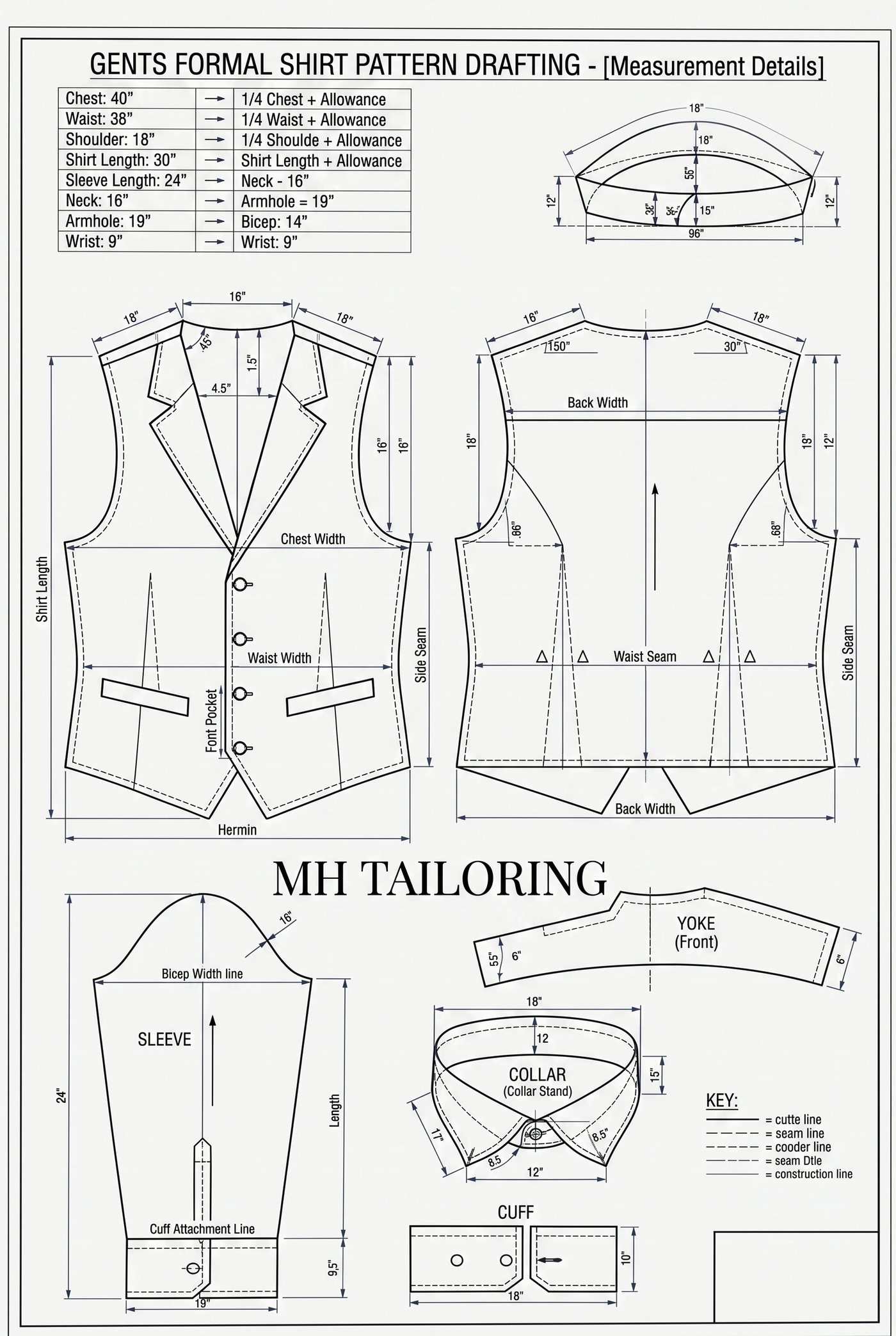 Pattern drafting sheet for a formal shirt, with measurement tables and cut pieces, headed MH Tailoring