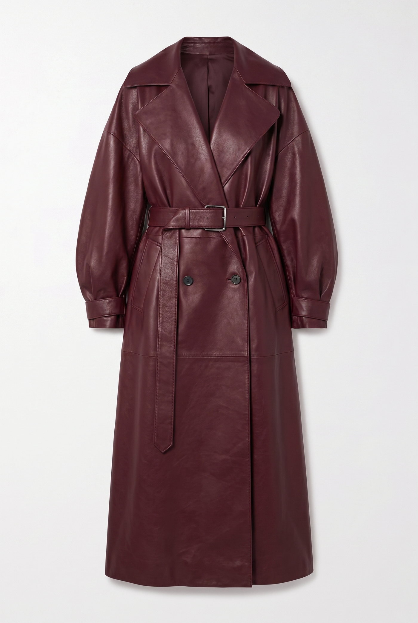 Burgundy leather trench coat with a belted waist, photographed against a light grey ground
