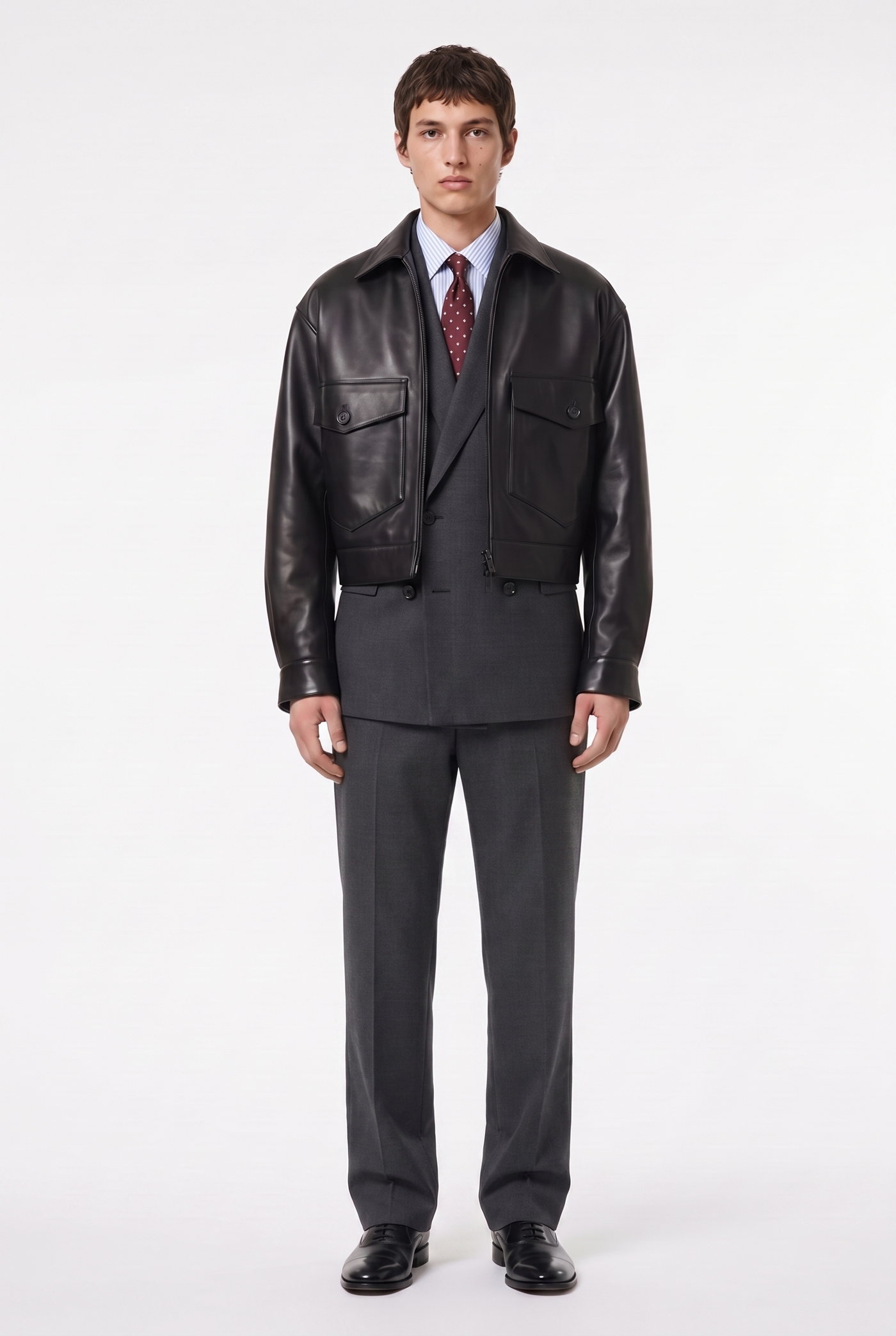 Man in a black leather blouson worn over a charcoal suit with a tie