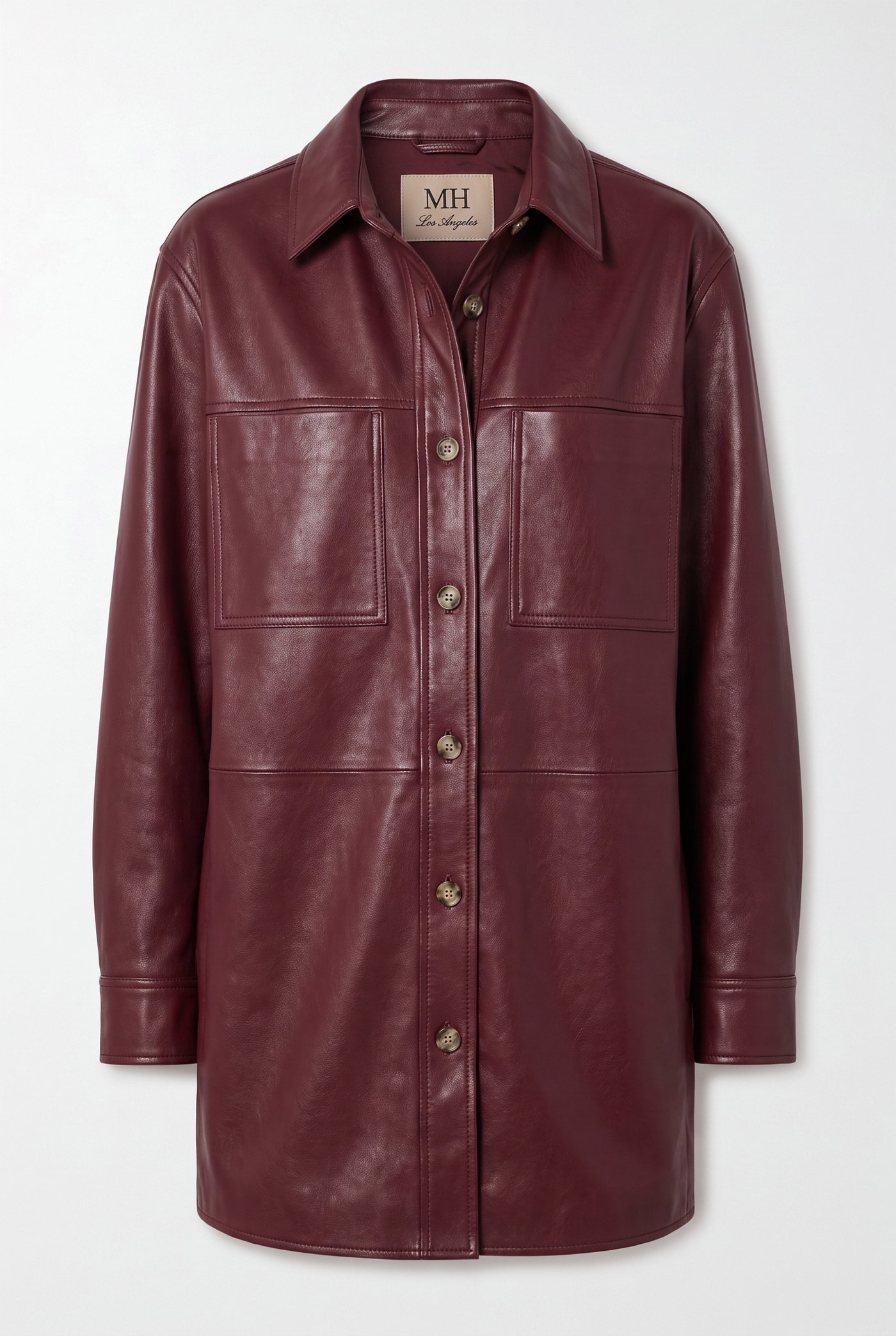 Burgundy leather overshirt with patch pockets and an MH label at the collar