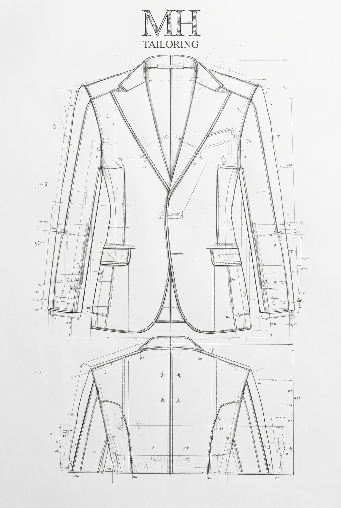 Technical line drawing of a single breasted jacket, front and back, headed MH Tailoring