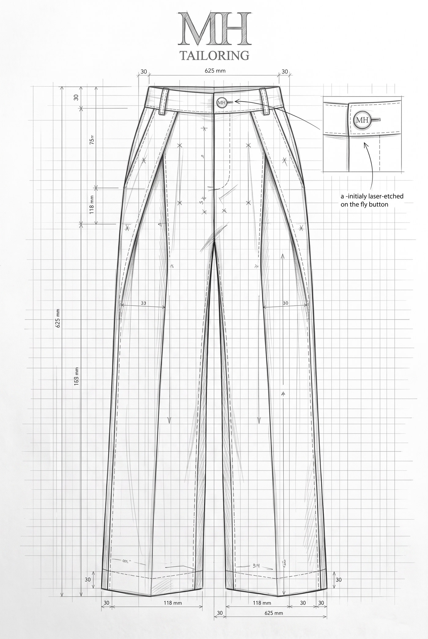 Technical line drawing of pleated wide leg trousers with measurements, headed MH Tailoring