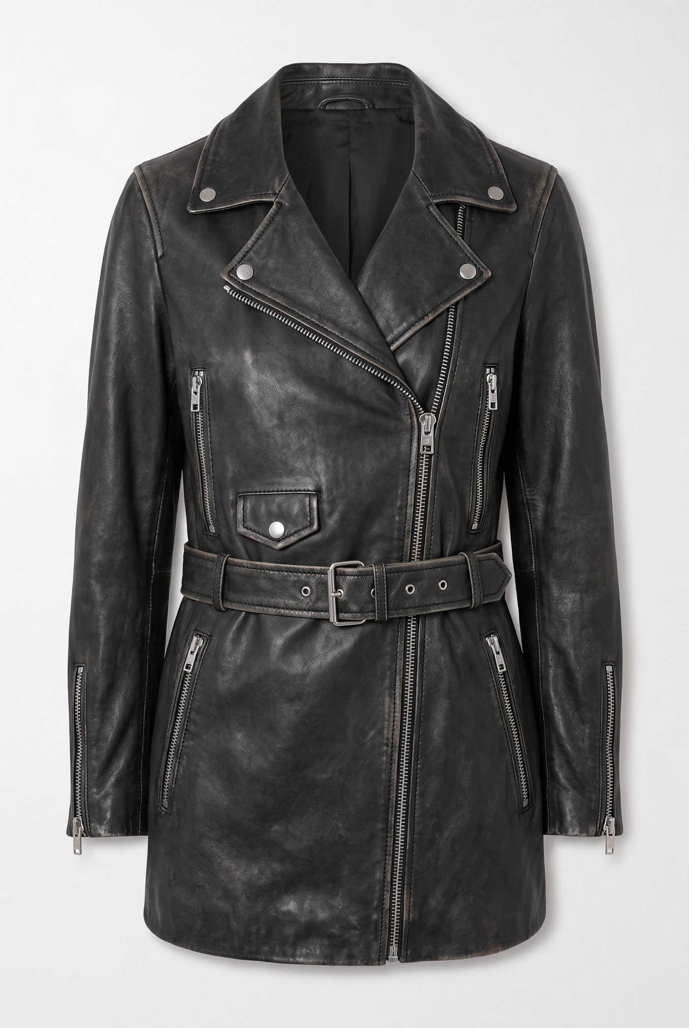 Black leather biker jacket with a belted waist and asymmetric zip