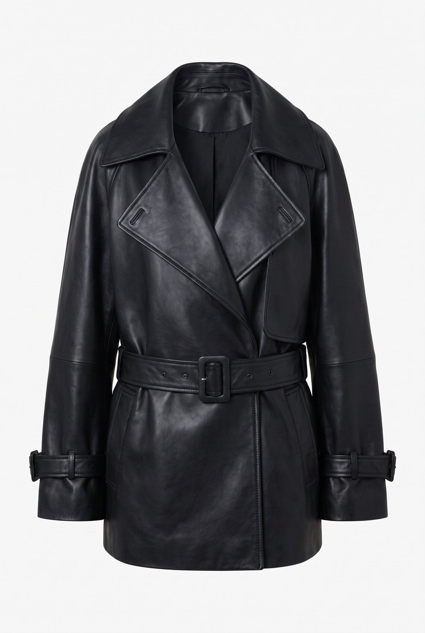 Black leather jacket with a belted waist, wide lapels and buckled cuffs