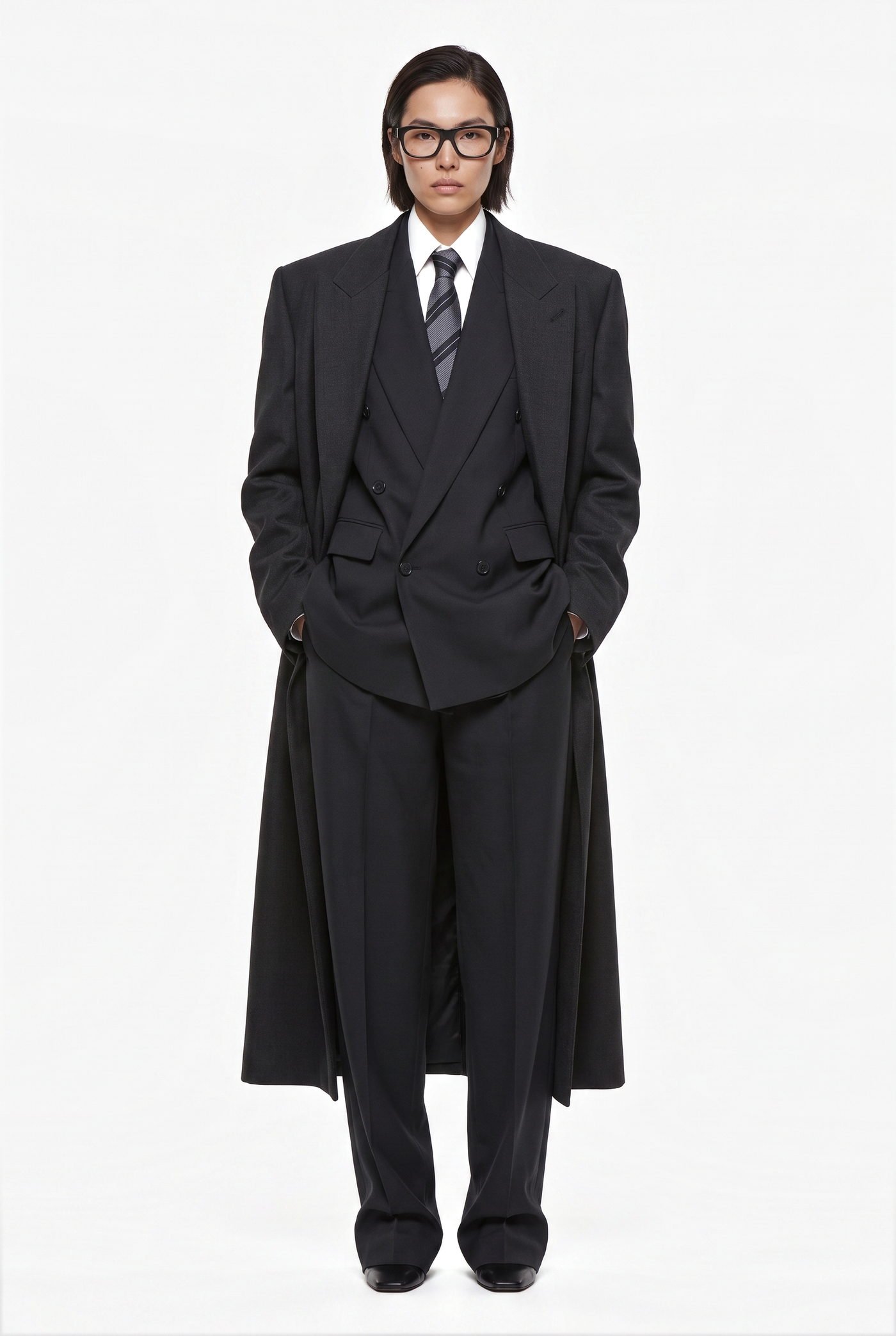 Person in a black suit with a tie under a long black overcoat