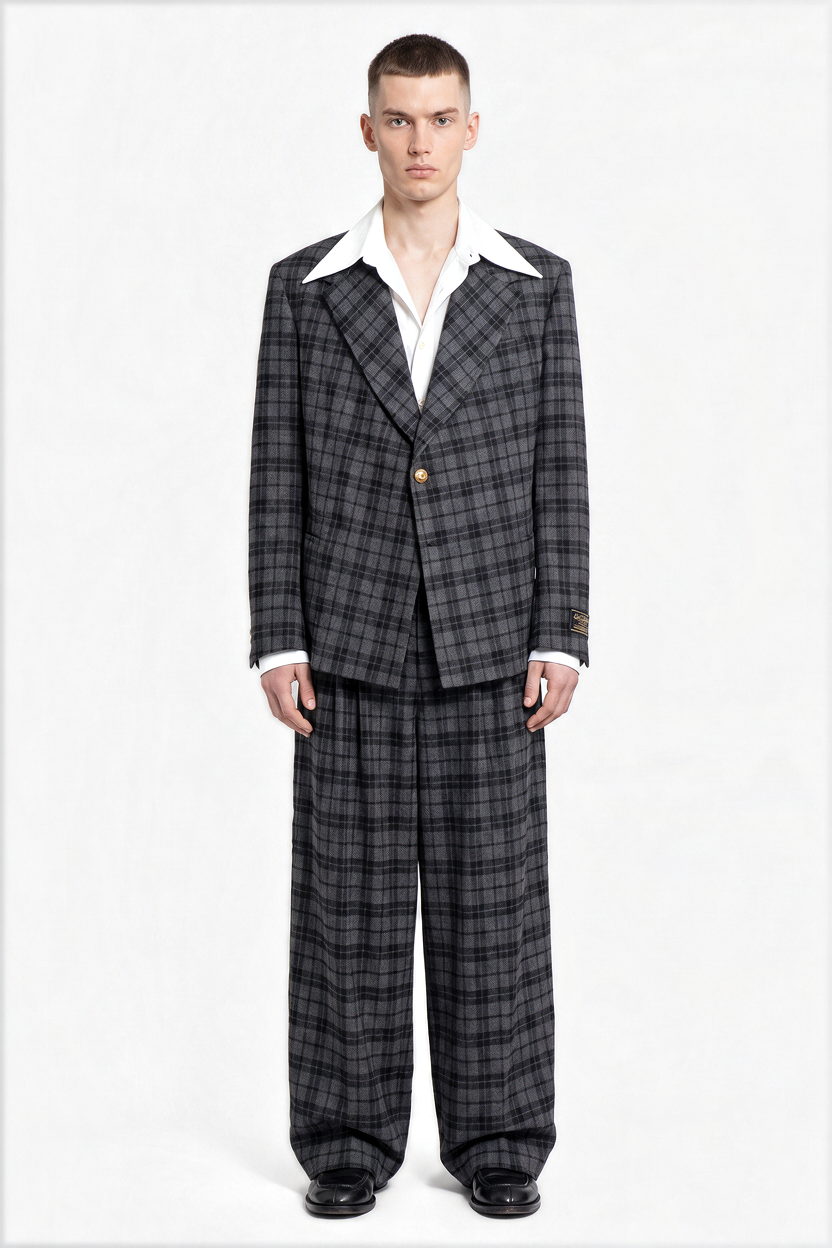 Man in a checked wool suit with a wide collar shirt and pleated trousers