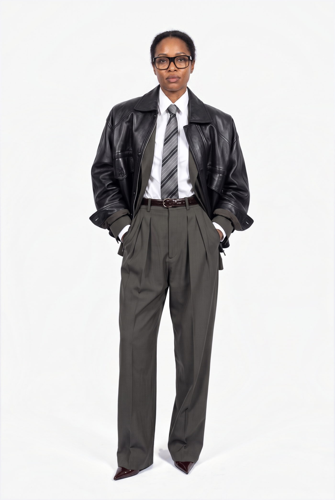 Woman in a black leather blouson over a shirt and striped tie with grey trousers