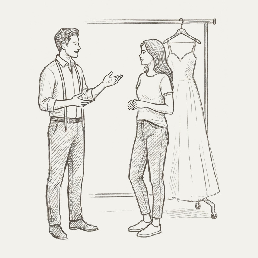 Pencil drawing of a tailor talking with a bride beside a gown on a rail