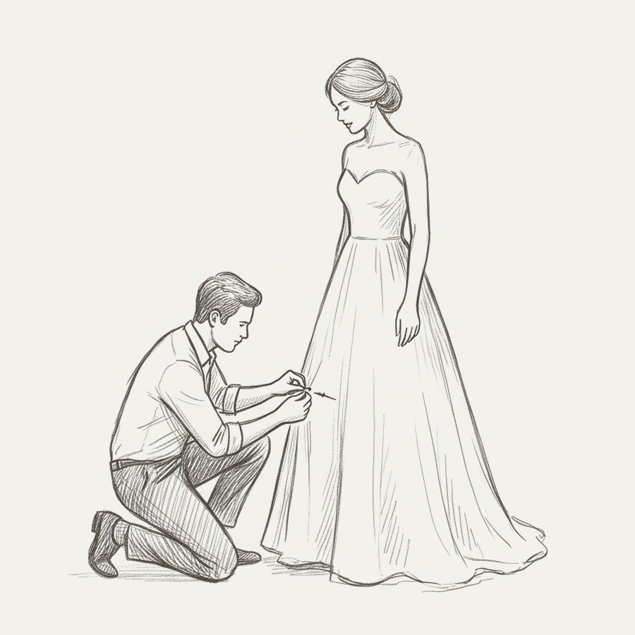 Pencil drawing of a tailor kneeling to pin the hem of a gown