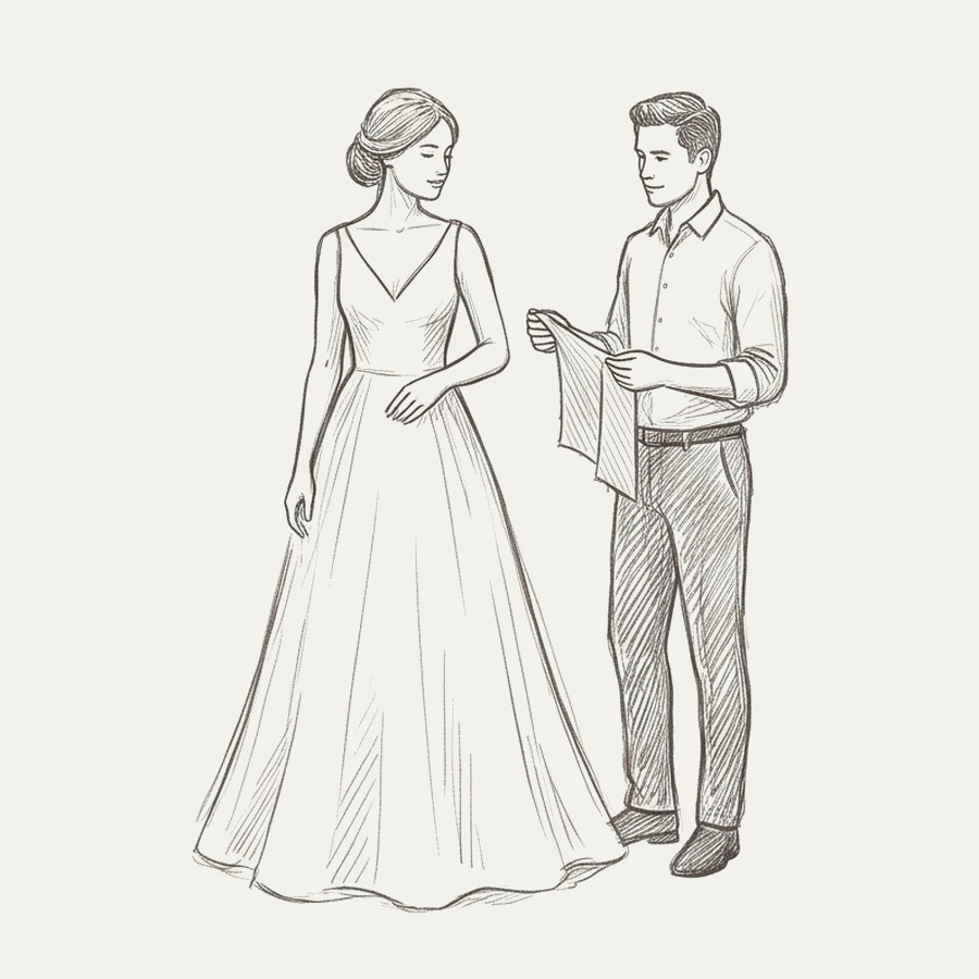 Pencil drawing of a bride collecting her finished gown from the tailor