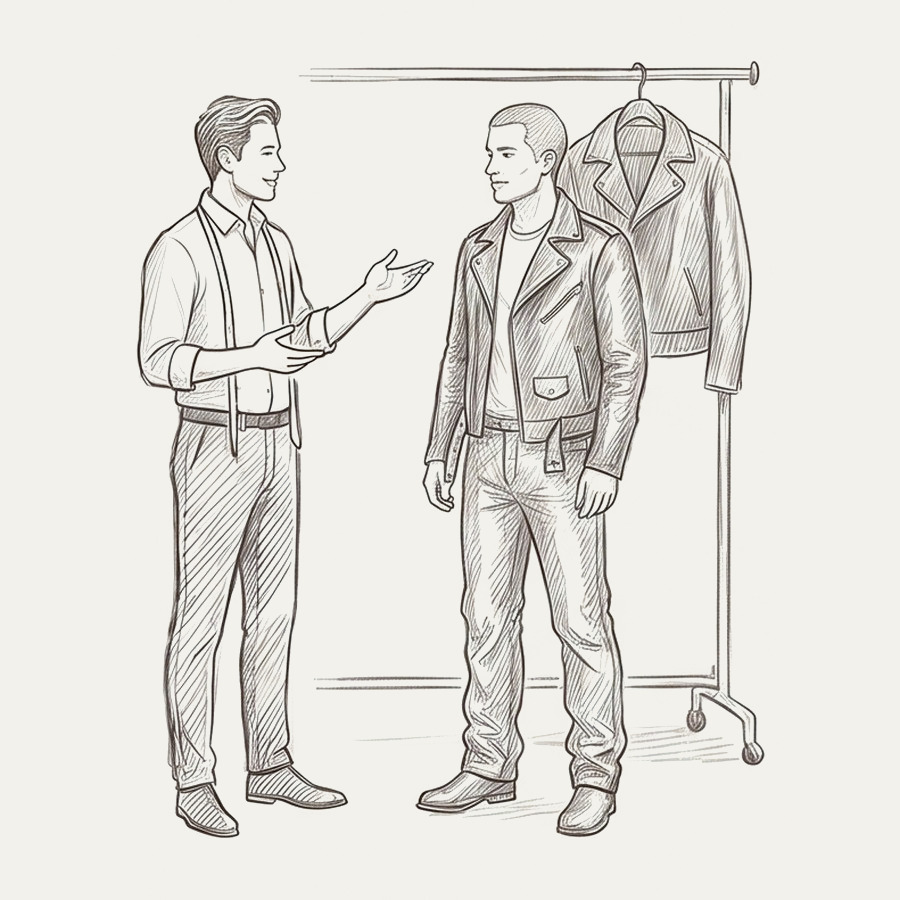 Pencil drawing of a tailor examining a leather jacket with a customer