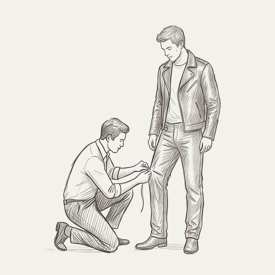 Pencil drawing of a tailor marking a leather jacket on a customer