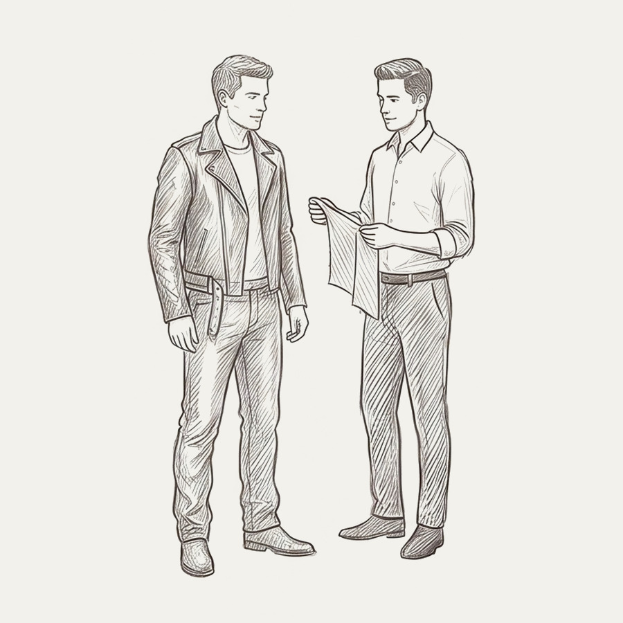 Pencil drawing of a customer collecting a finished leather jacket