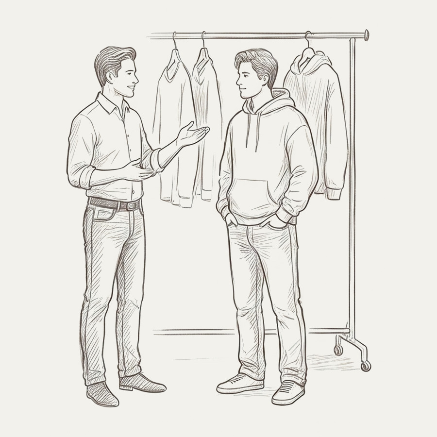 Pencil drawing of a tailor talking with a customer beside a clothing rail