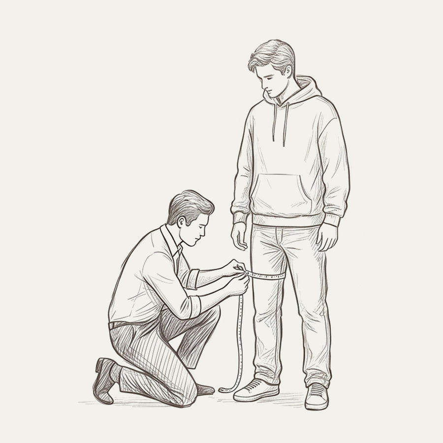 Pencil drawing of a tailor kneeling to measure a hem